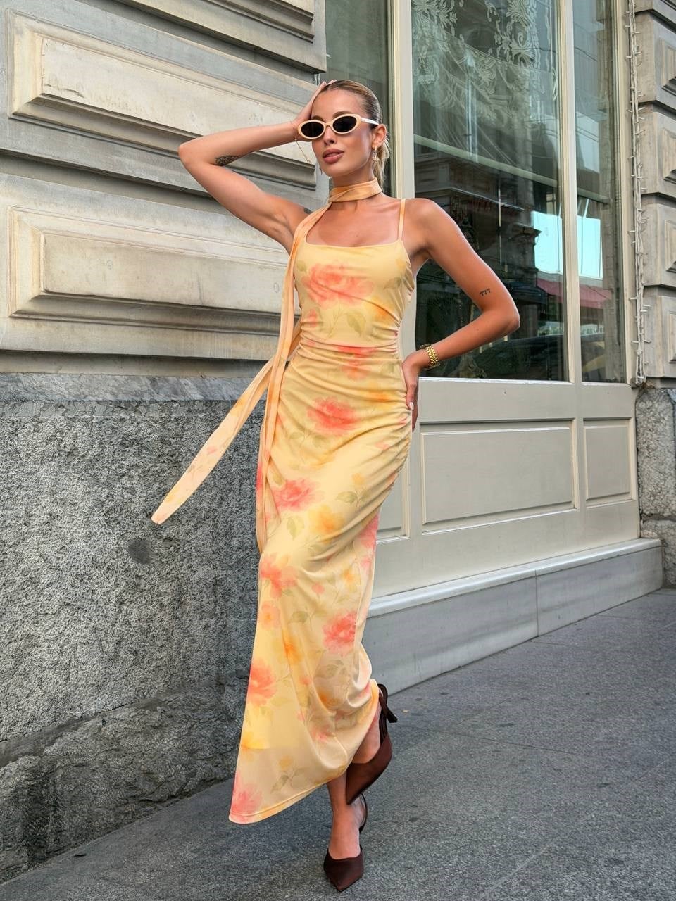ELENİ FULARLI MİDİ ELBİSE SARI