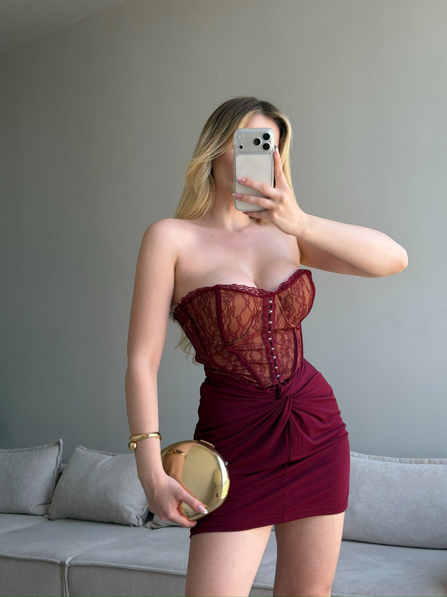 GALLARATE MİNİ BORDO KORSE DANTEL DETAY ELBİSE