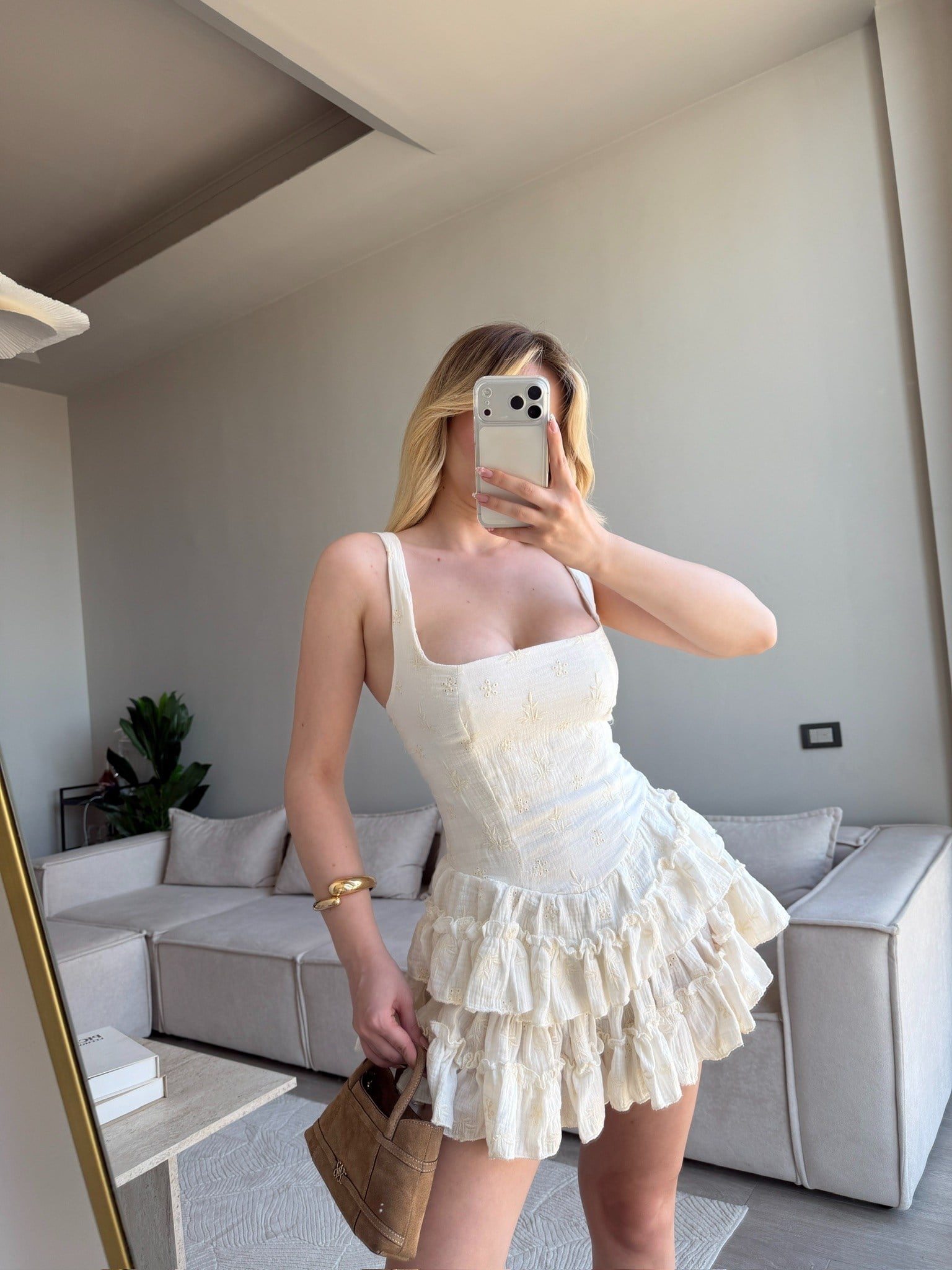 LANTHE FIRFIR ETEKLİ ELBİSE BEYAZ