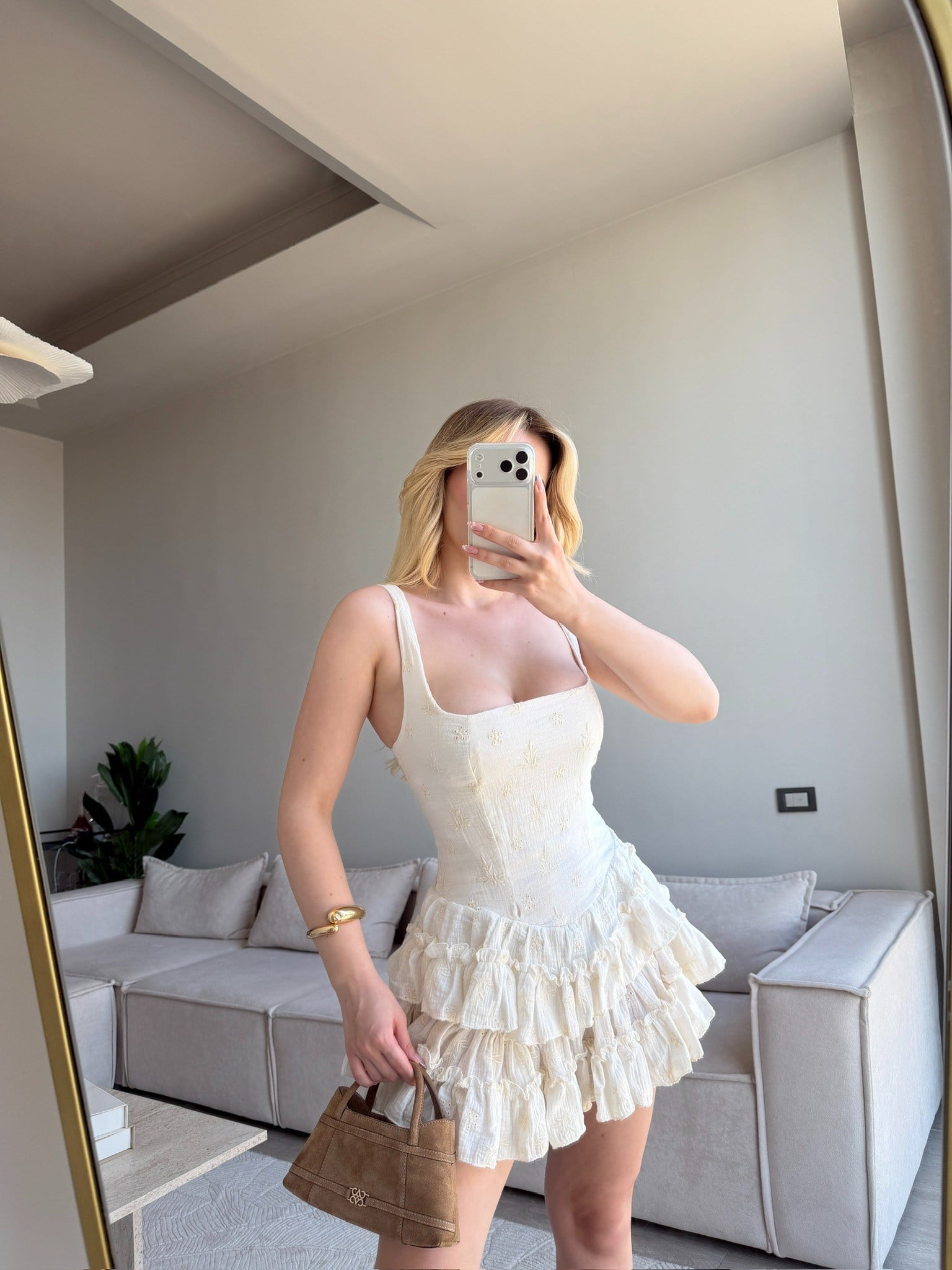 LANTHE FIRFIR ETEKLİ ELBİSE BEYAZ