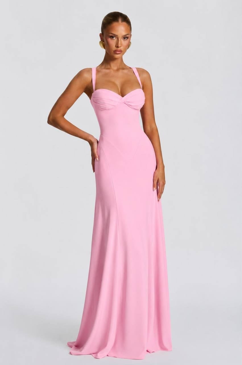 LİSMA SIRT BAĞLAMA DETAYLI MAXİ BOY ELBİSE PEMBE