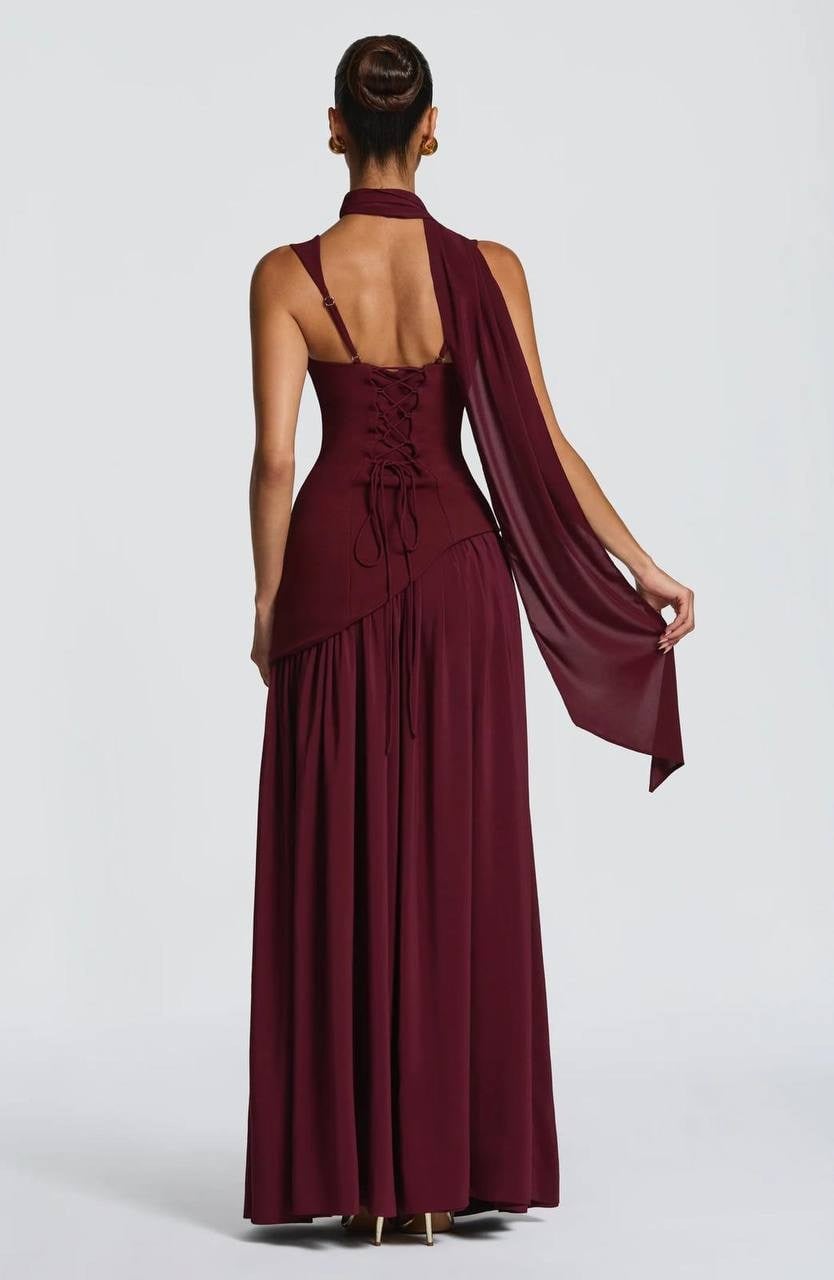 RİOMA SIRT DETAYLI MAXİ BOY ELBİSE BORDO