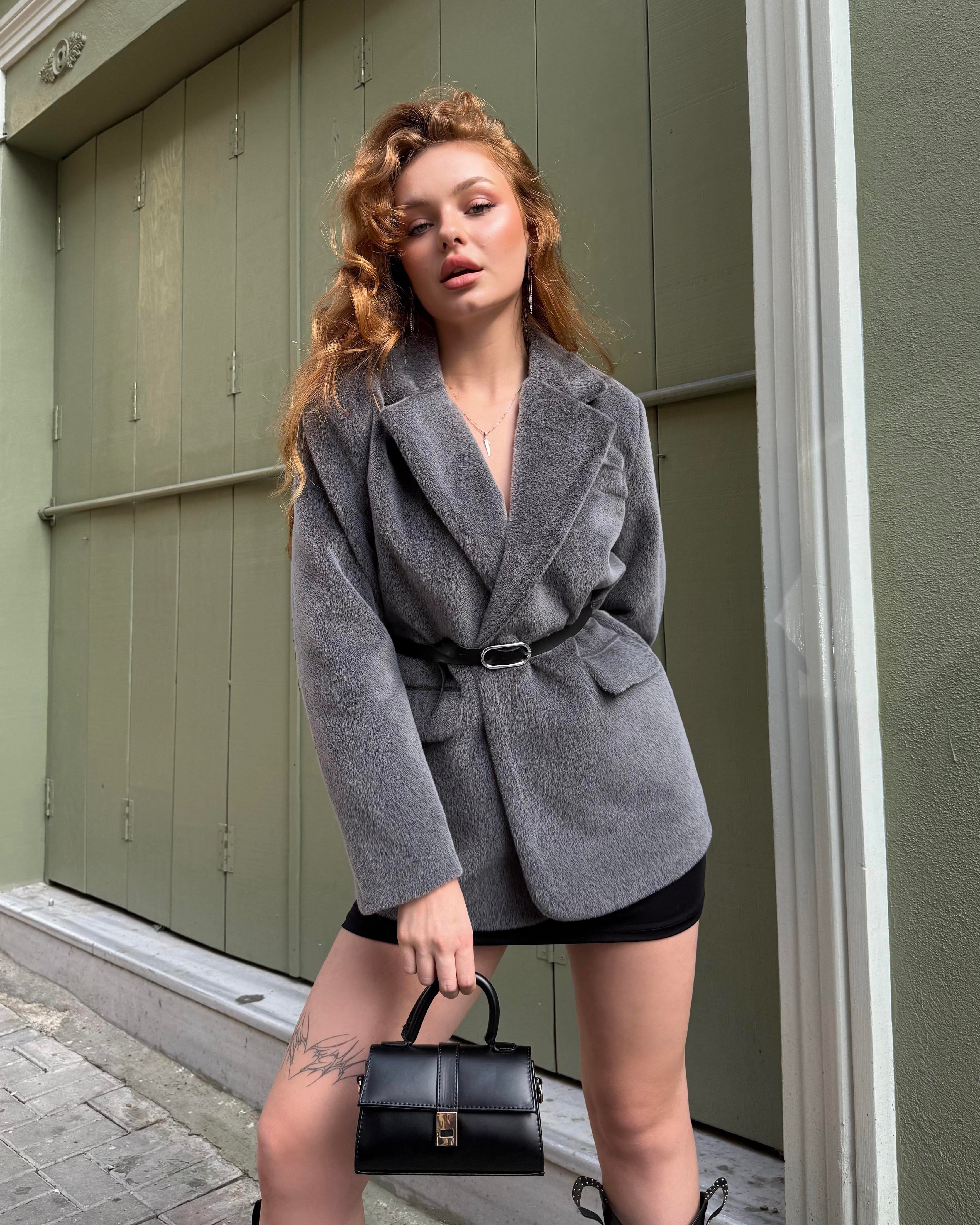 RUVES GREY TAY TÜYÜ KEMERLİ CEKET