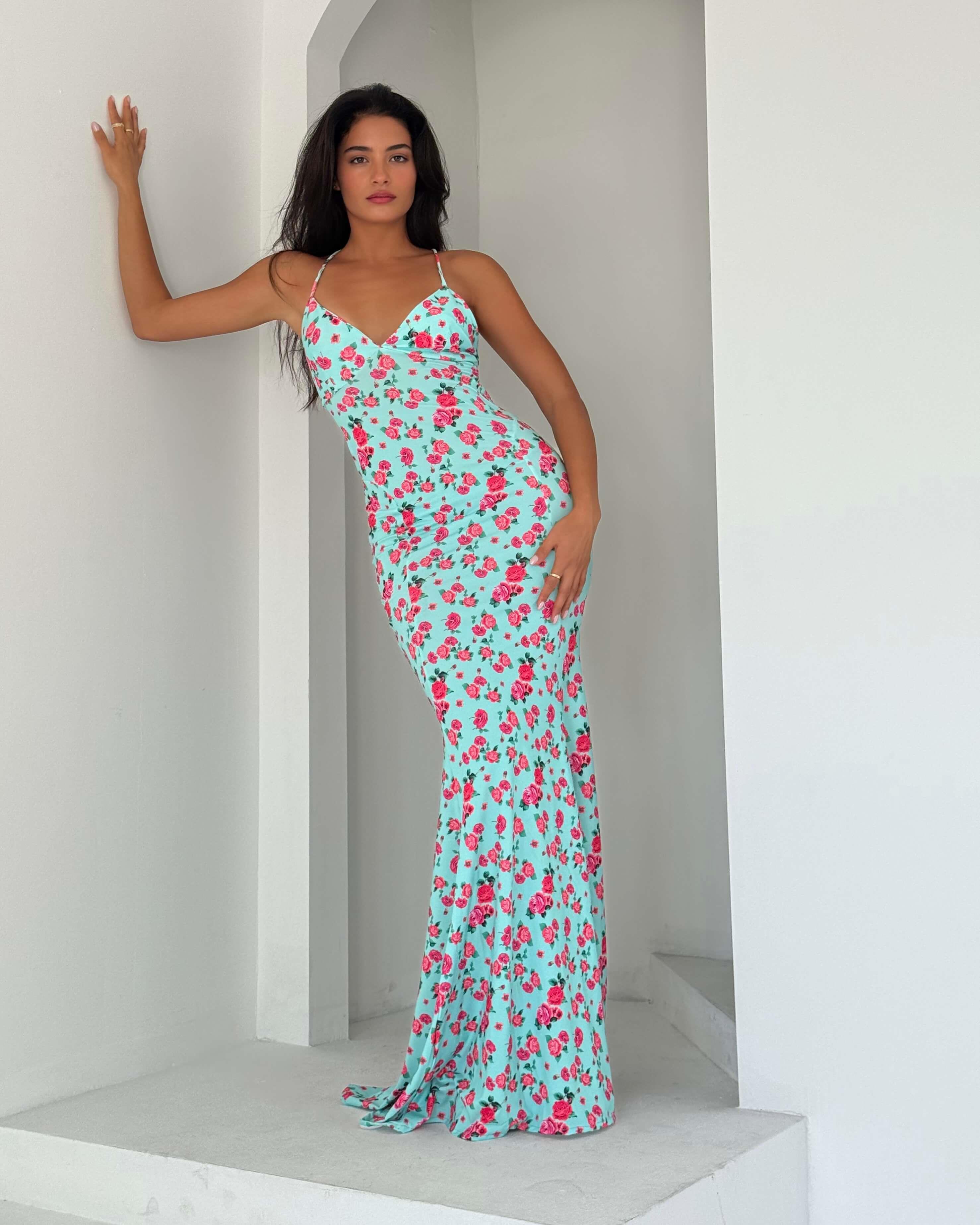 SALLA WATER GREEN FLOWERING ÇAPRAZ ASKILI ELBİSE