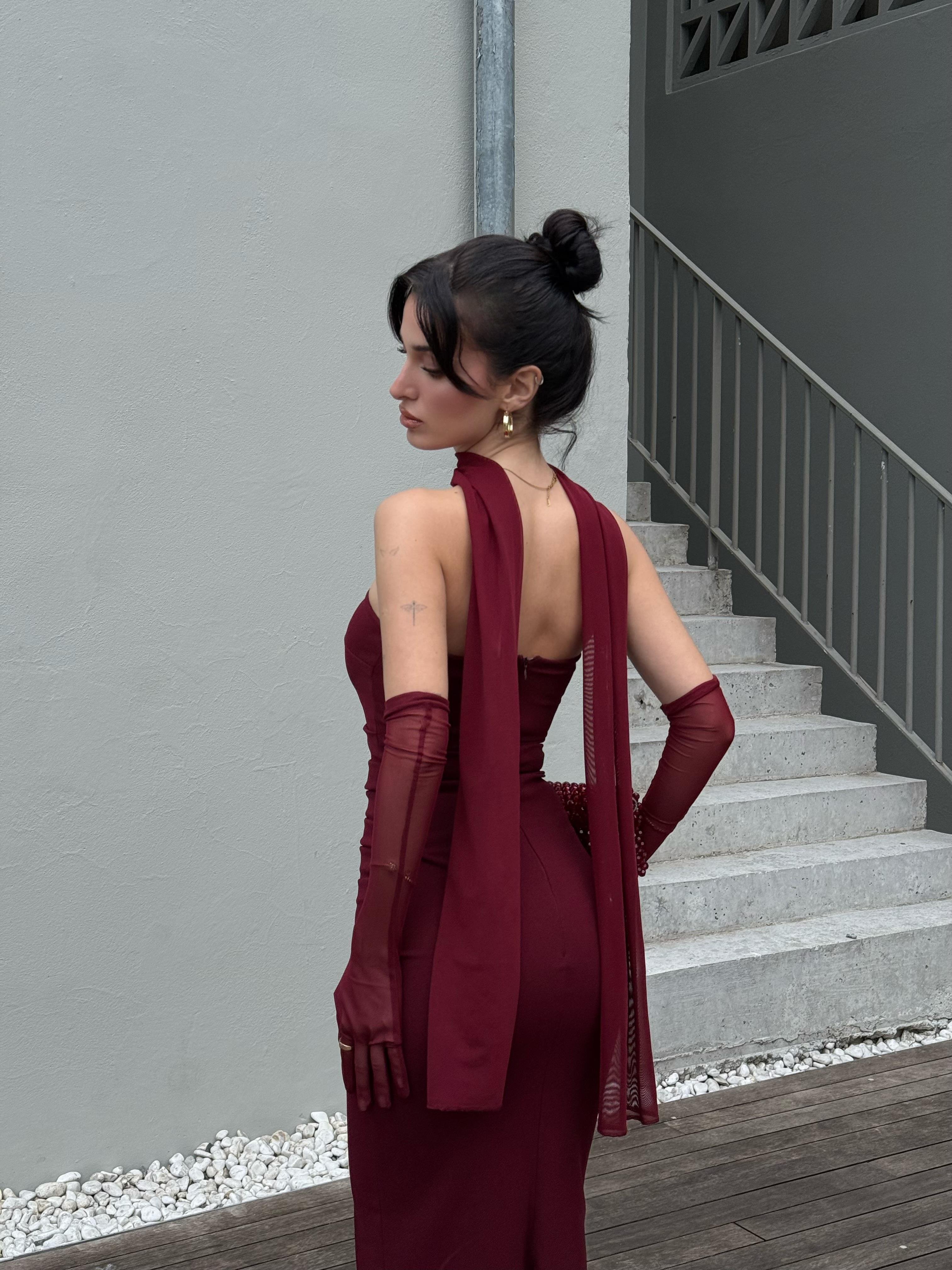 Scrabe Claret Red Eldivenli Elbise