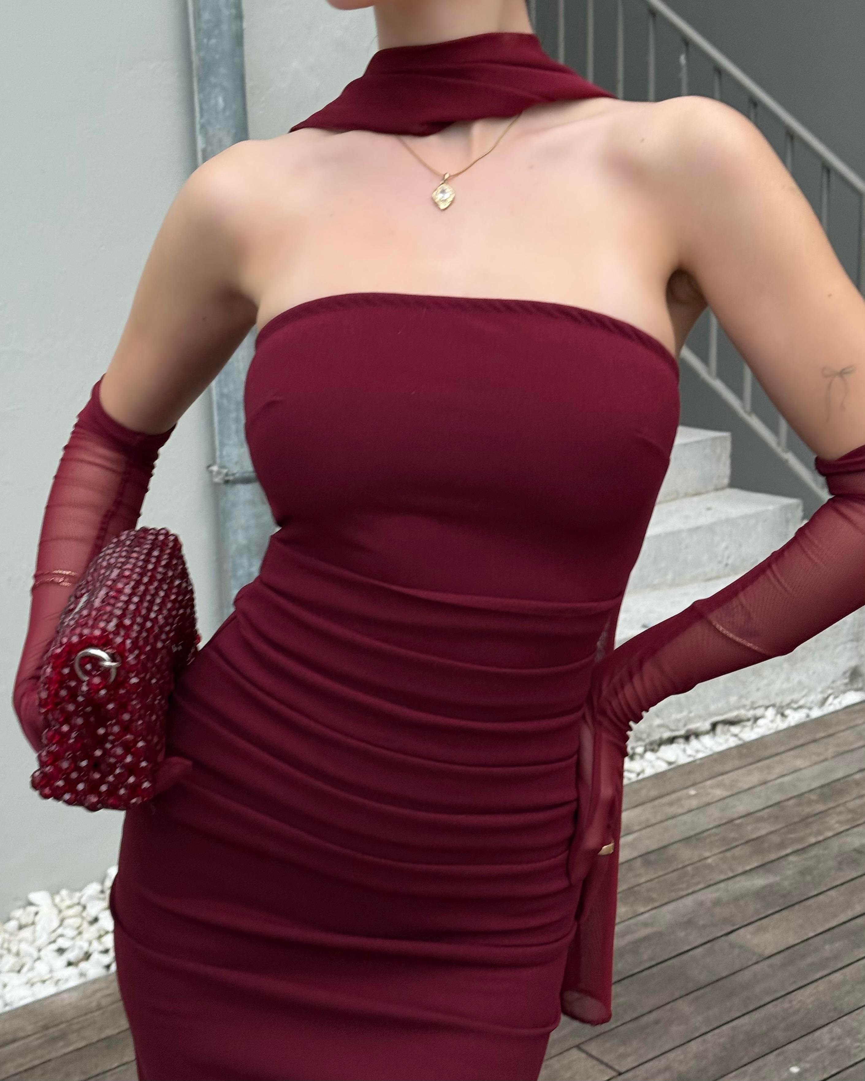 Scrabe Claret Red Eldivenli Elbise