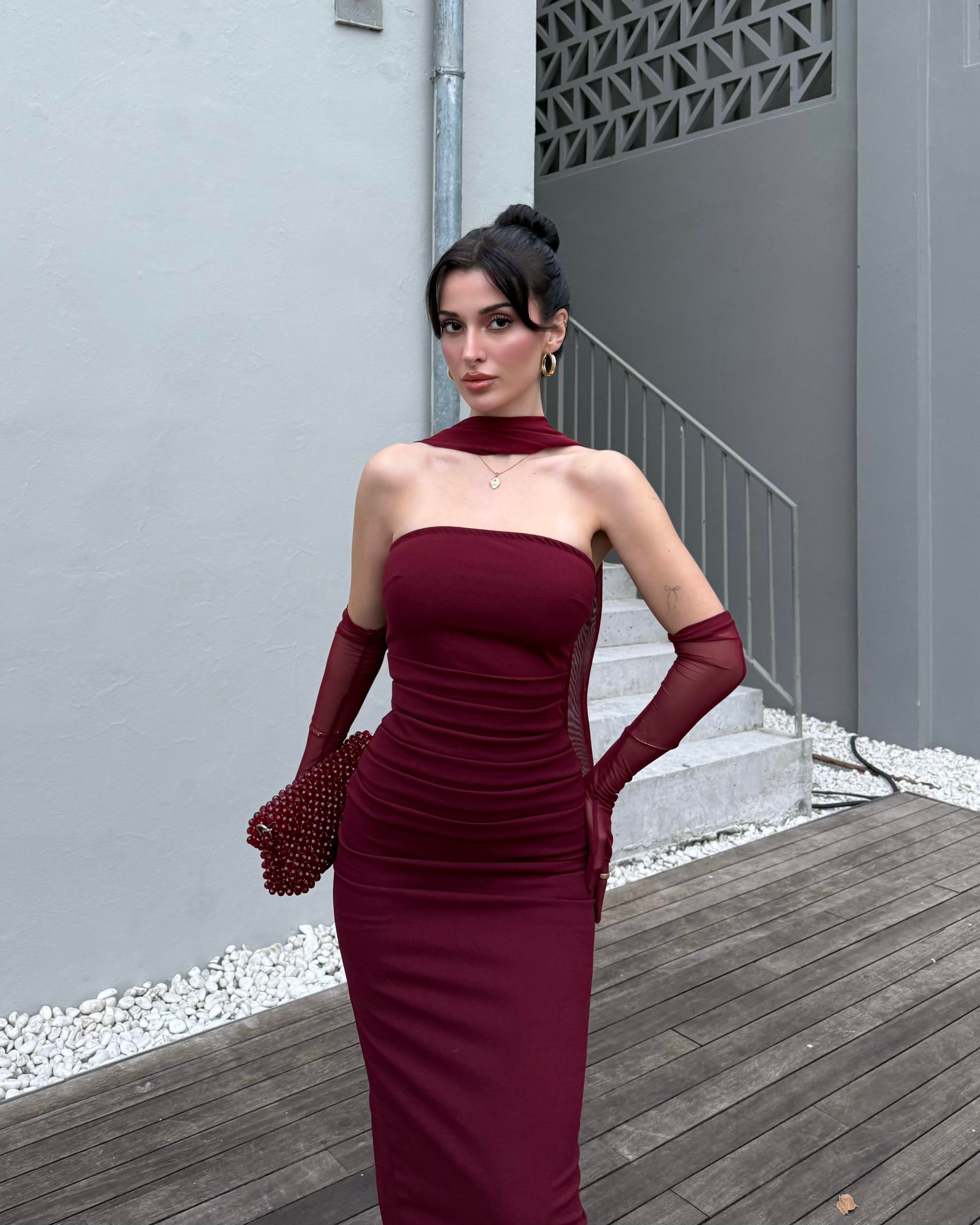 Scrabe Claret Red Eldivenli Elbise