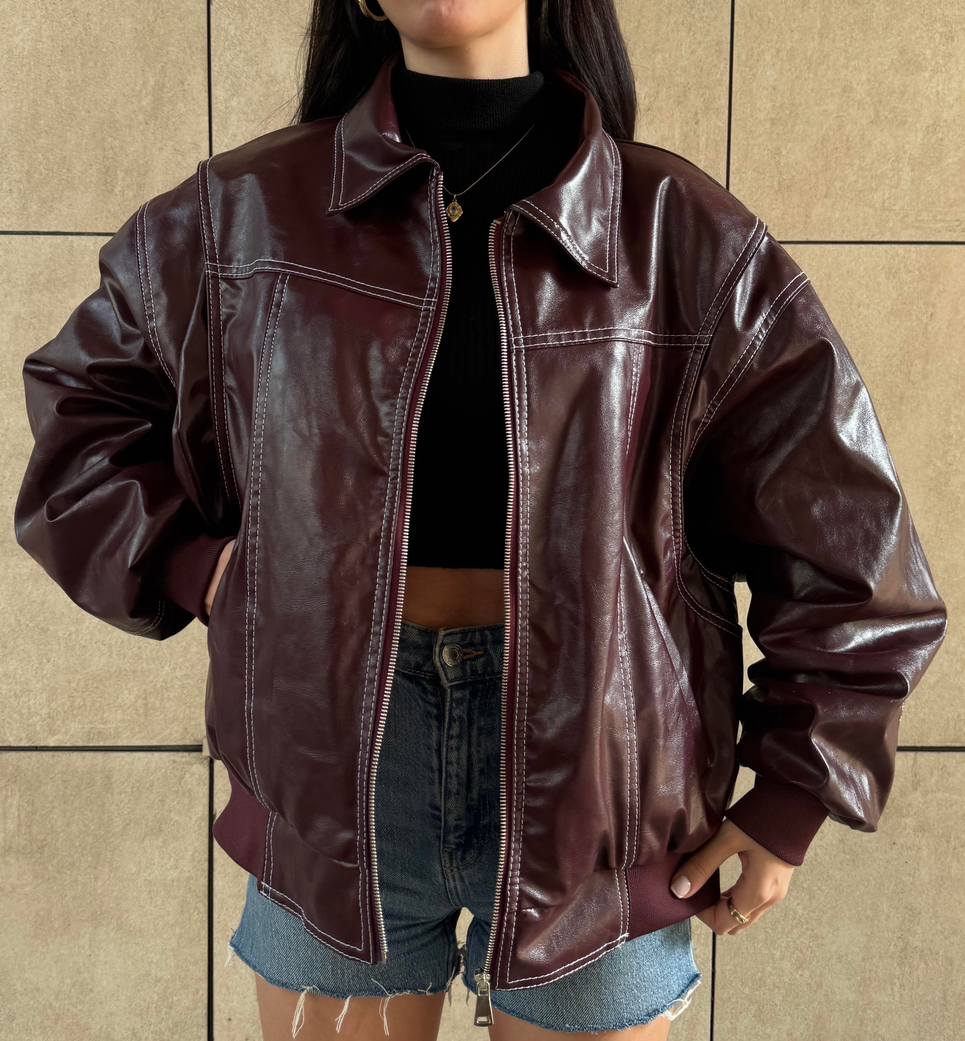 Snare Claret Red Dikiş Detay Deri Ceket