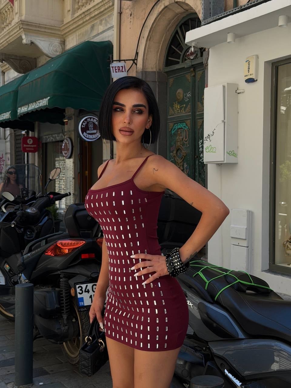 TELİA İNCE ASKILI TAŞLI ELBİSE BORDO
