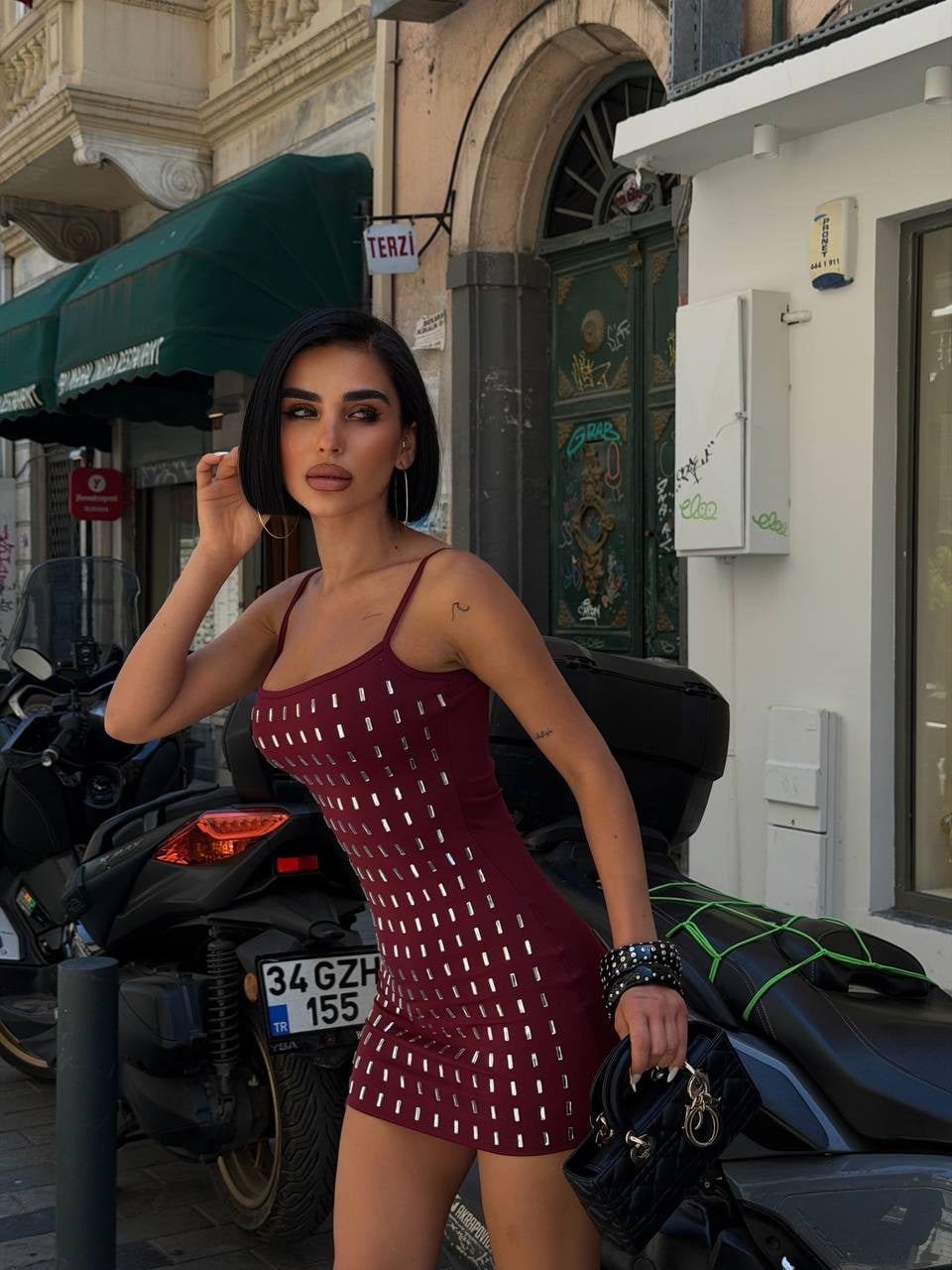 TELİA İNCE ASKILI TAŞLI ELBİSE BORDO