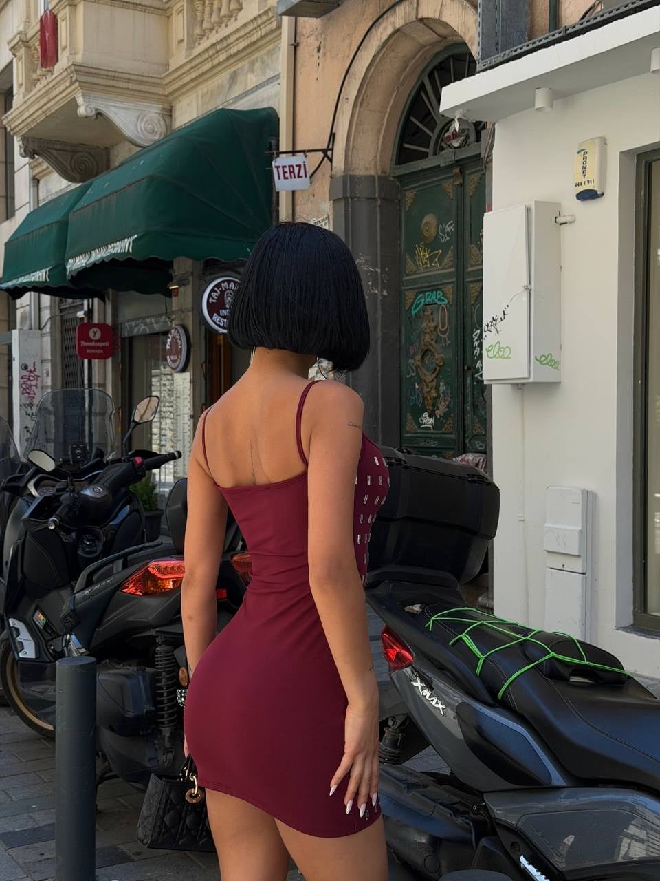 TELİA İNCE ASKILI TAŞLI ELBİSE BORDO