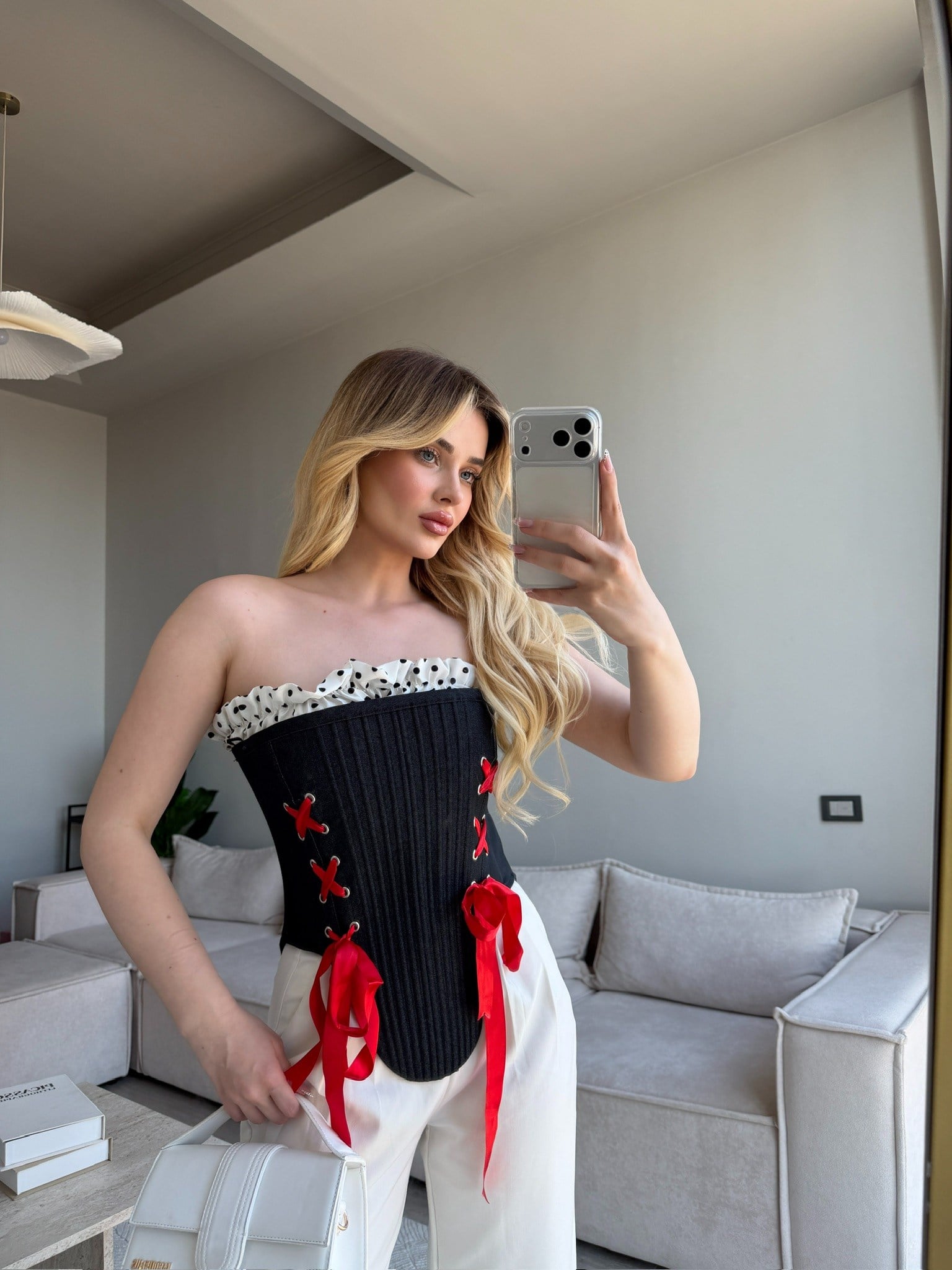 TULİPA KIRMIZI KURDELELİ KORSE BLUZ