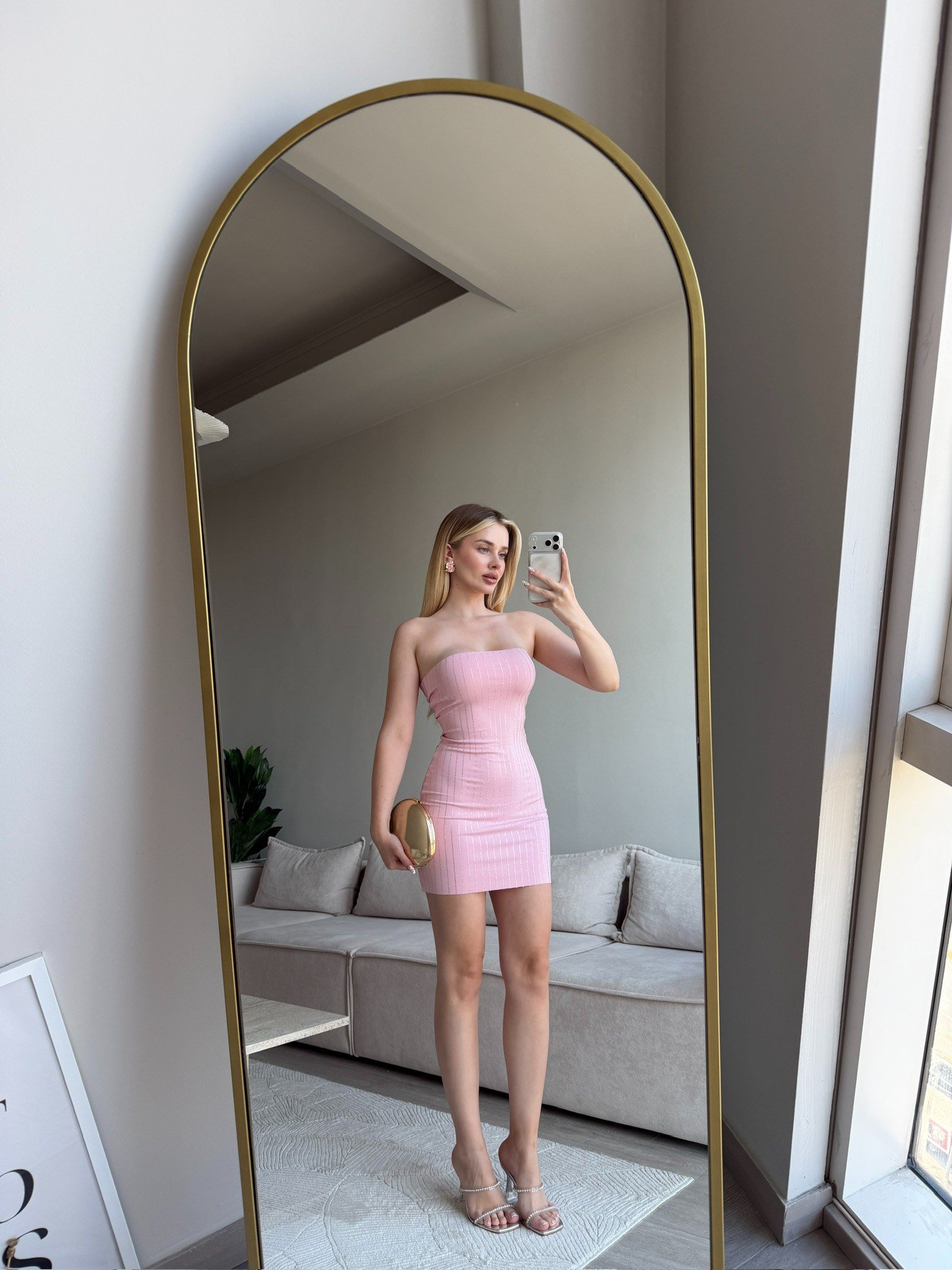 Zwilling Pink Taş Çizgi Detay Mini Elbise