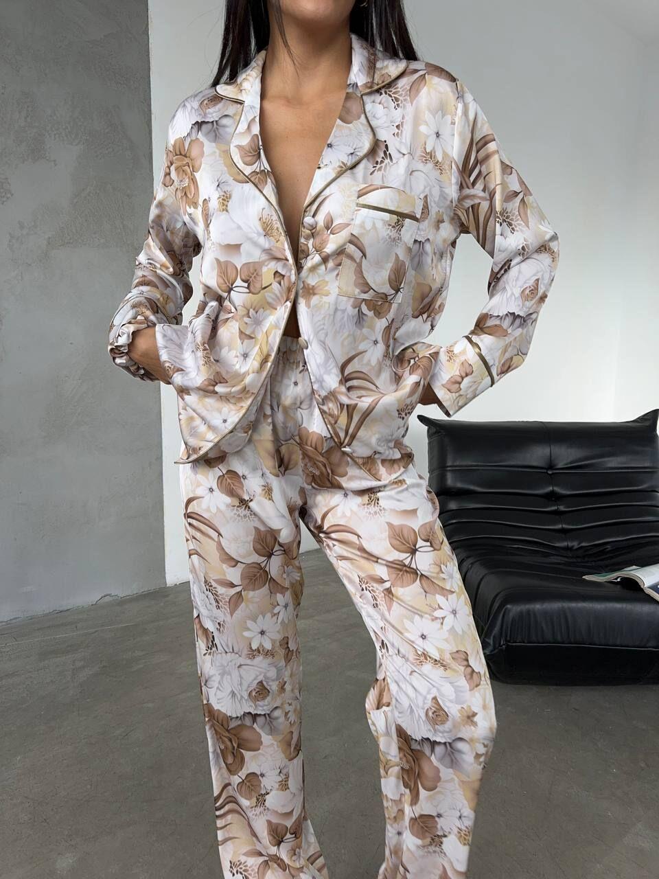 İpek Saten Pijama Kahve Çiçek Desenli