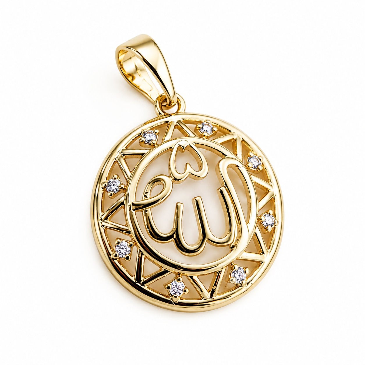 Allah Yazılı Zirkon Taşlı Kolye Ucu - 14k Altın Kaplama - 18 x 26 mm