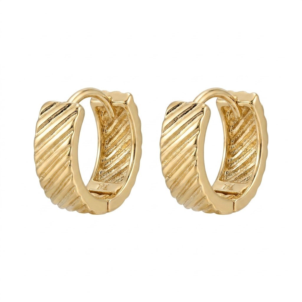 Çizgili Kalın Çelik Halka Küpe  - 14k Altın Kaplama - 14 mm çap