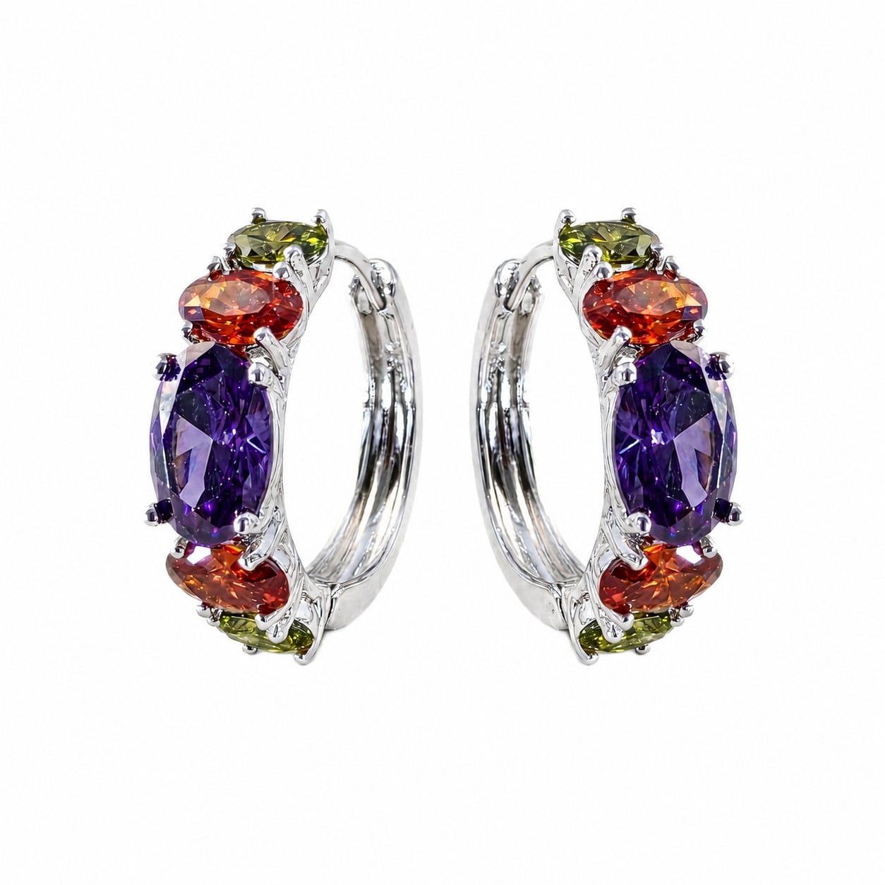 Çok Renkli Zirkon Taşlı Halka Küpe  - Beyaz Altın Kaplama - 18 mm çap