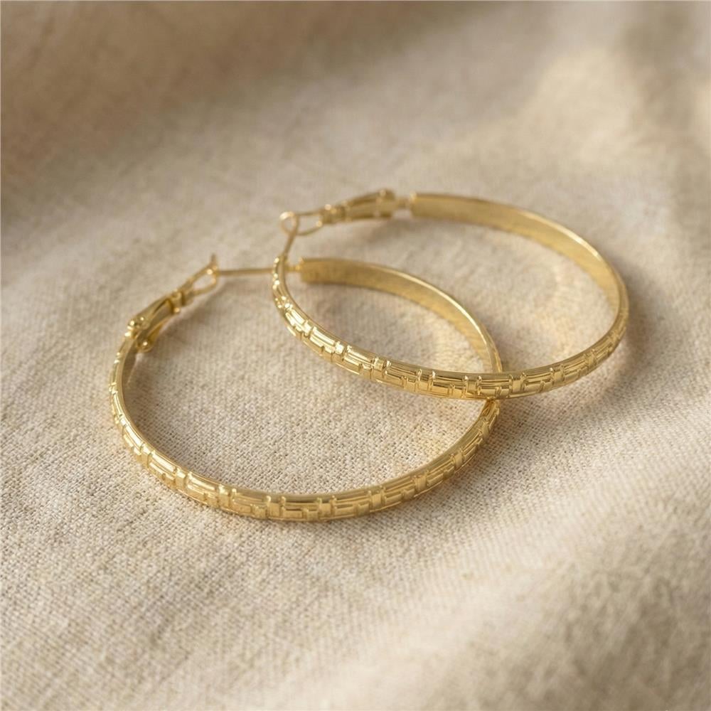 Desenli Halka Küpe - 14K Altın Rengi Kaplama, 4 cm çap