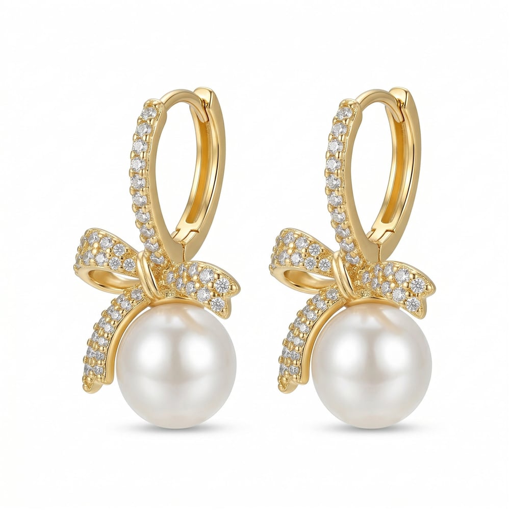 Fiyonk & İnci Detaylı Halka Küpe - 14k Altın Rengi Kaplama, 1.5 cm
