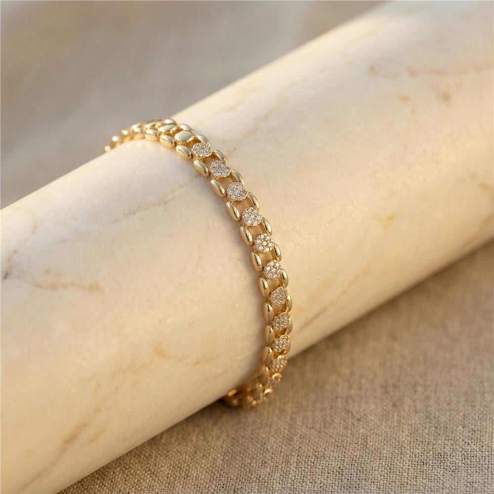Geniş Küba Zincir Bileklik - 14K Altın Rengi Kaplama, 17+2 cm