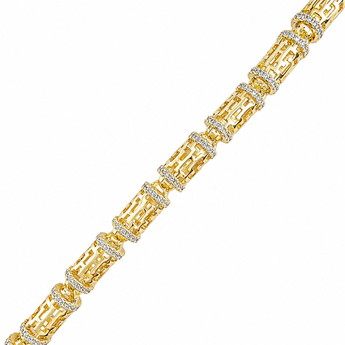 Grek Motifli Zirkon Taşlı Zincir Bileklik - 14k Altın Kaplama - 18+3 cm