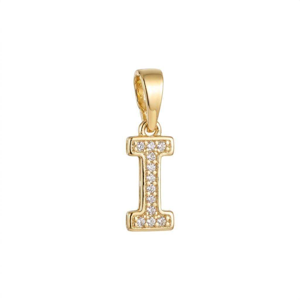 I Harfi Zirkon Taşlı Minimal Kolye Ucu  - 14k Altın Kaplama - 5 x 17 mm