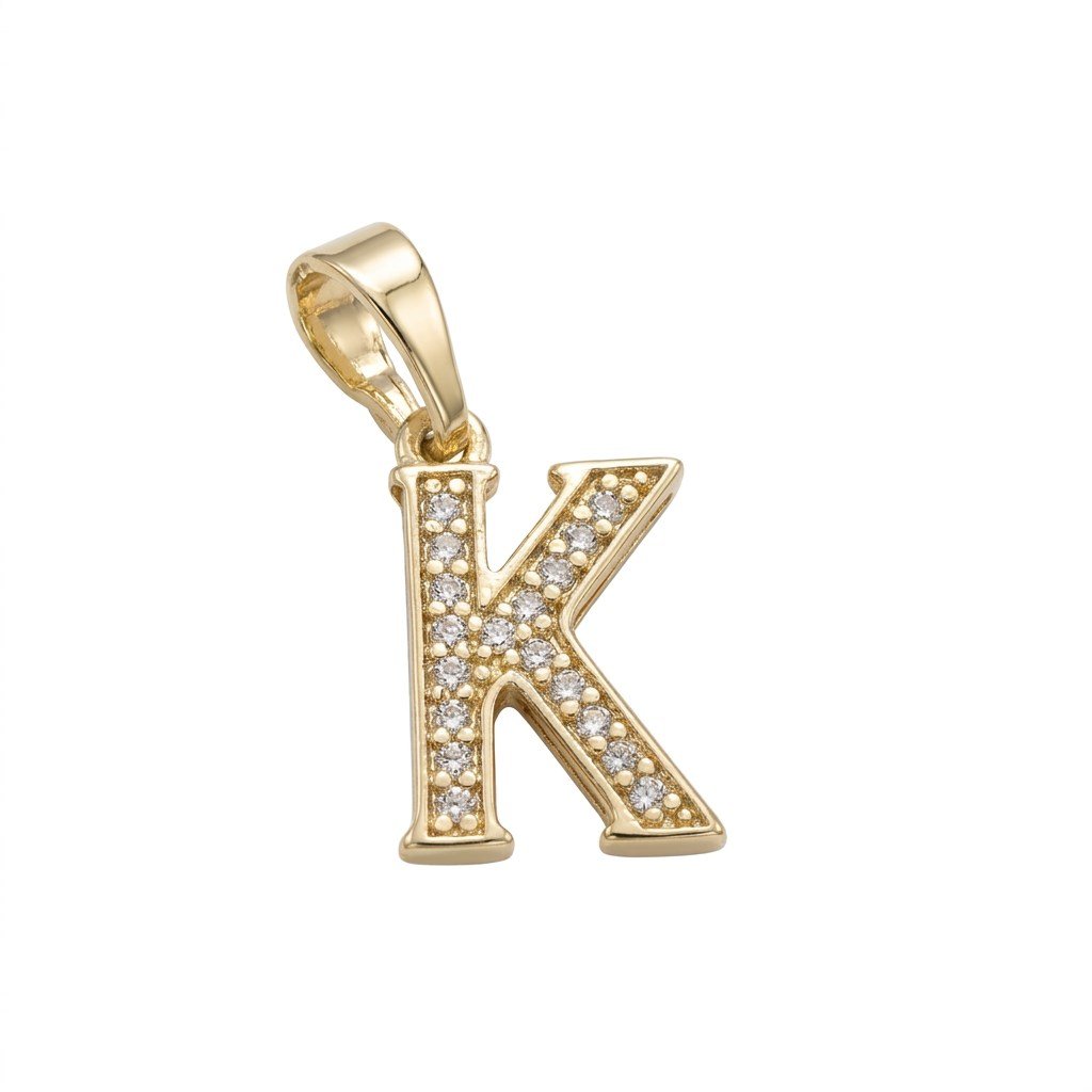 K Harfi Zirkon Taşlı Minimal Kolye Ucu  - 14k Altın Kaplama - 8 x 17 mm