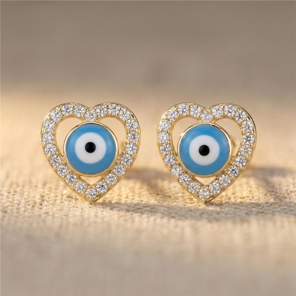 Kalp Nazar Boncuklu Küpe - 14k Altın Rengi Kaplama, 1,5 cm