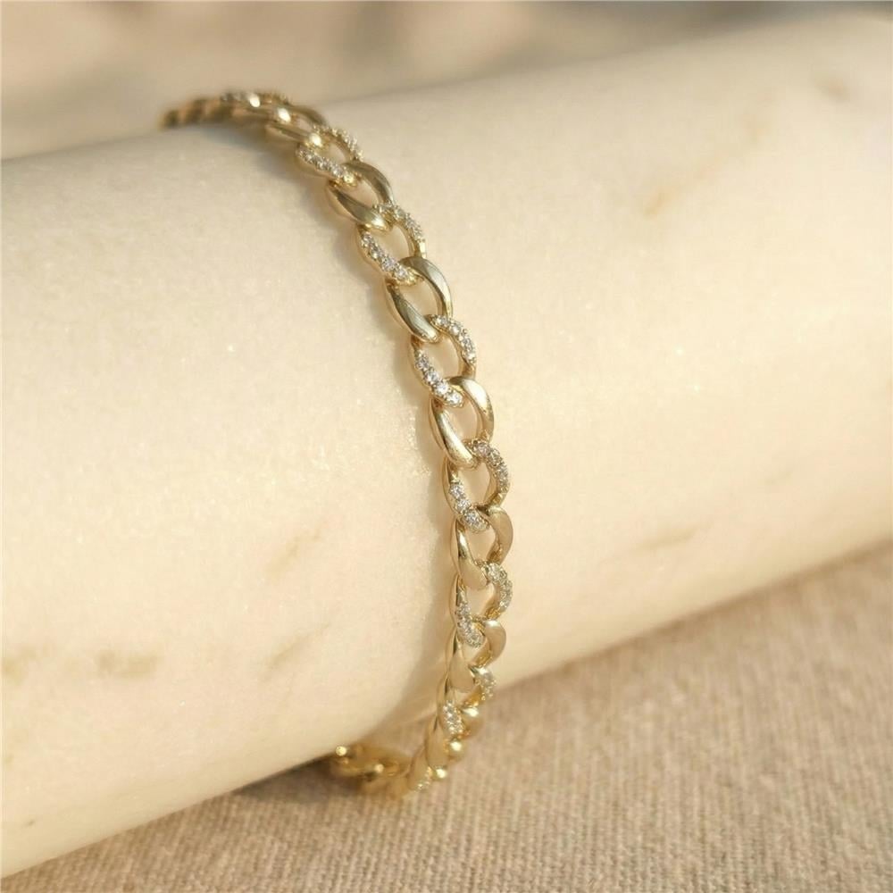 Küba Zincir Zirkon Taşlı Bileklik - 14K Altın Rengi Kaplama, 17+2 cm