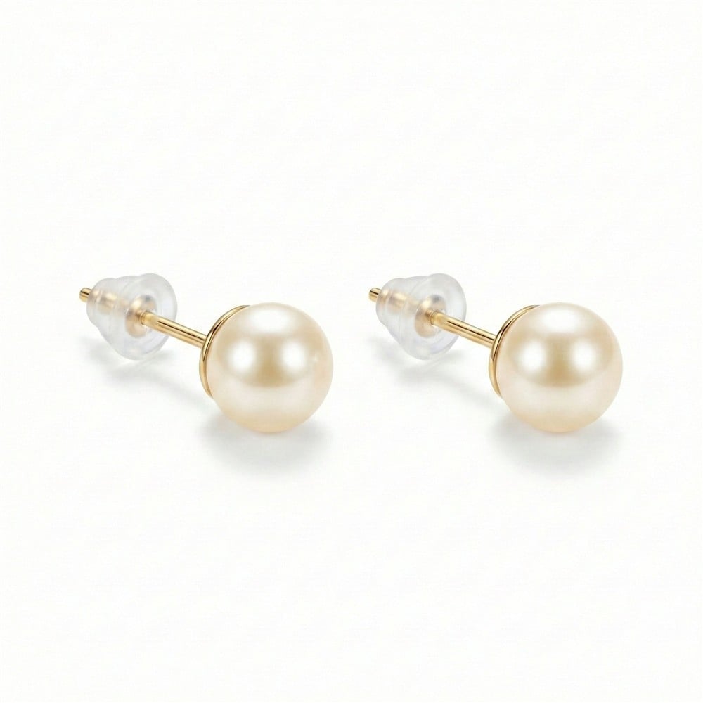 Küçük Top Bej Krem İnci Küpe - Gümüş Kaplama 14k Altın Rengi, 6 mm Çap