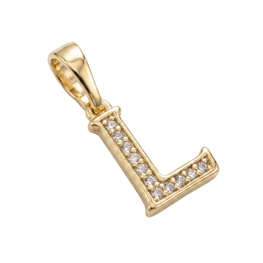 L Harfi Zirkon Taşlı Minimal Kolye Ucu  - 14k Altın Kaplama - 8 x 17 mm