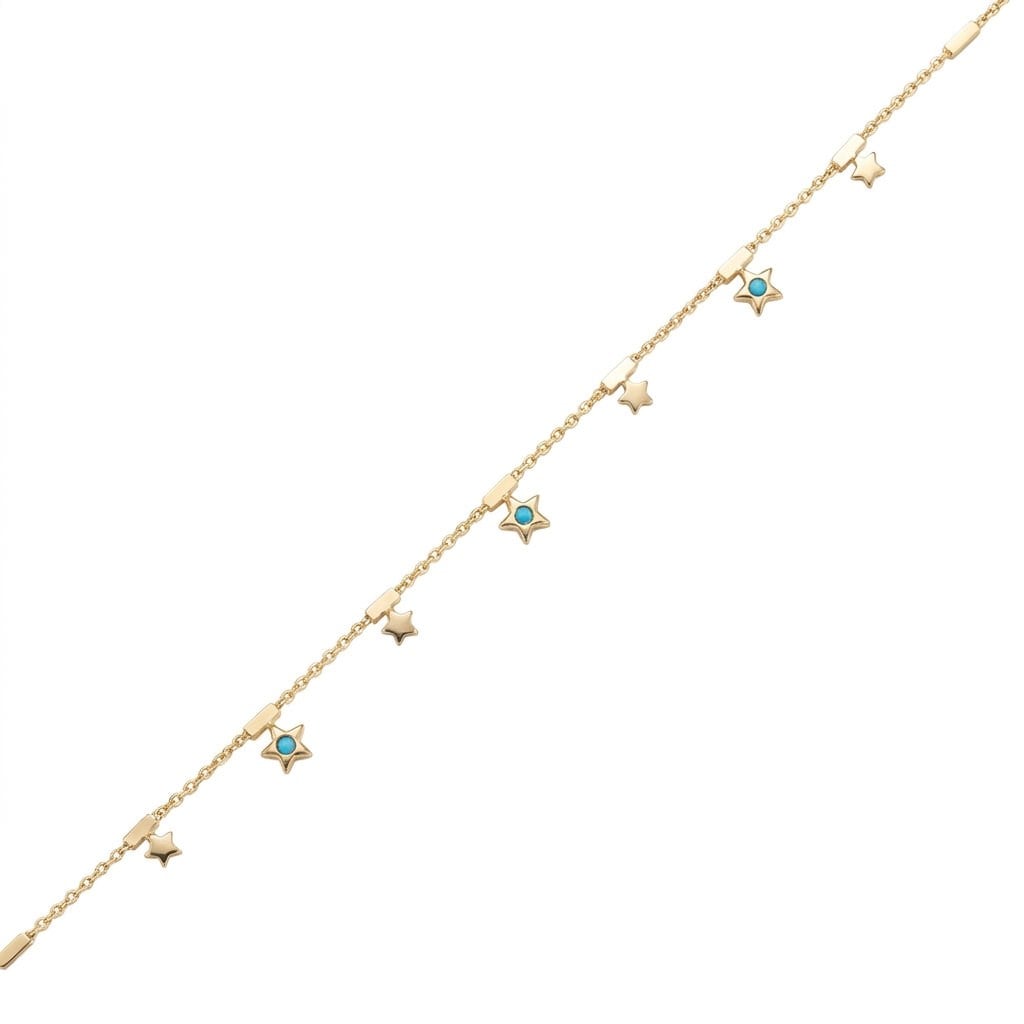 Mavi Taşlı Yıldız Figürlü Çelik Halhal  - Altın Rengi Kaplama - 20+5 cm