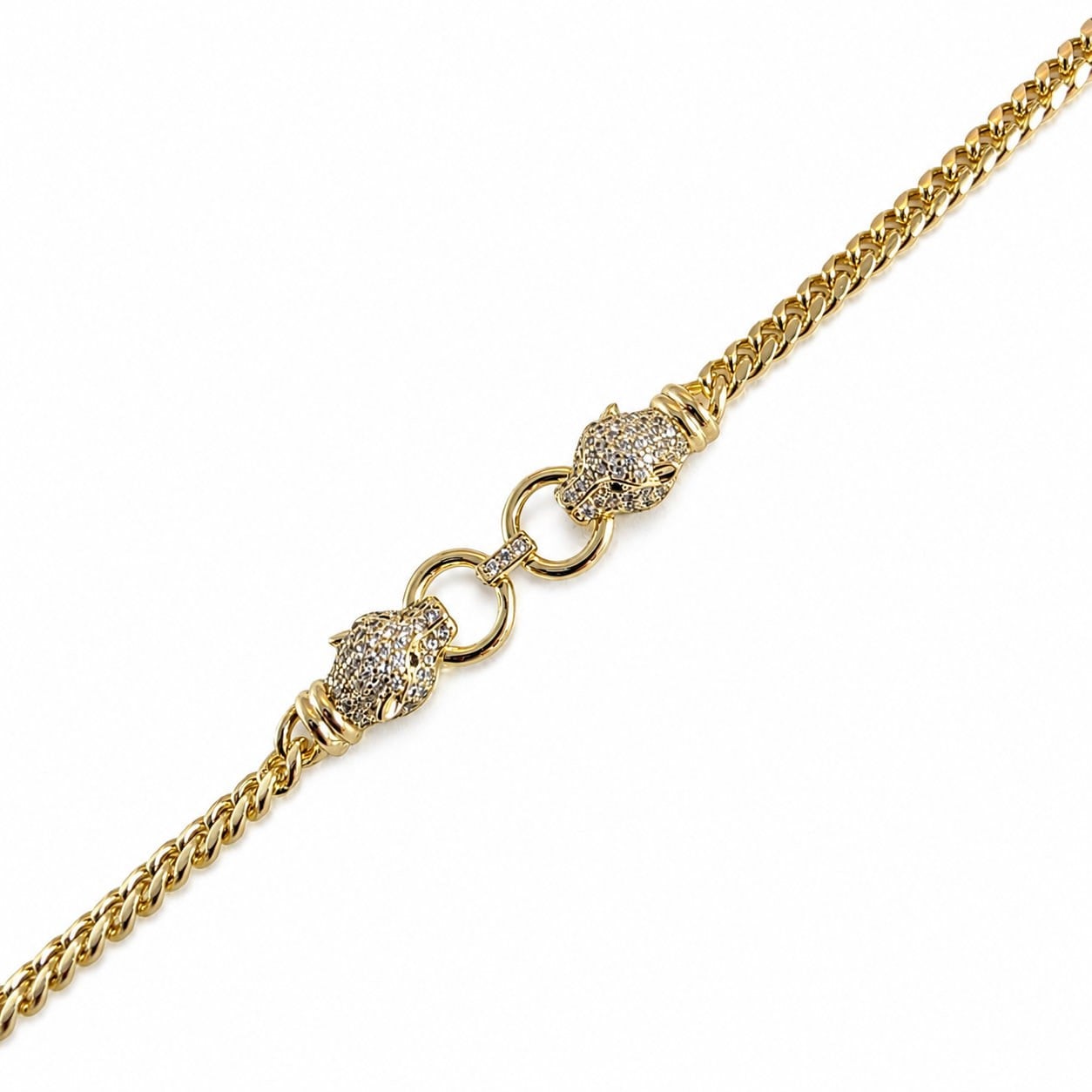 Panter Figürlü Zirkon Taşlı Gurmet Bileklik - 14k Altın Kaplama - 18+3 cm