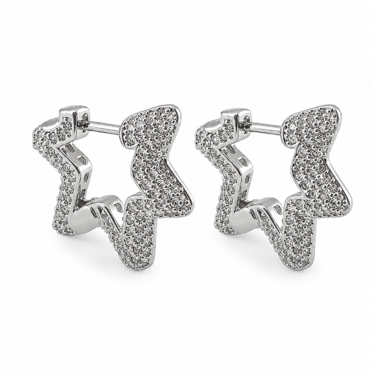 Pave Yıldız Zirkon Taşlı Küpe - Beyaz Altın Kaplama - 20 mm