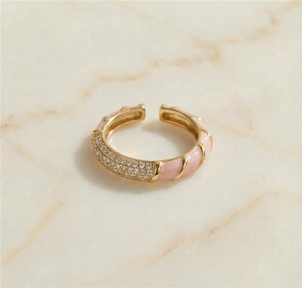 Pembe Mineli Zirkon Taşlı Ayarlanabilir Yüzük - 14k Altın Rengi Kaplama