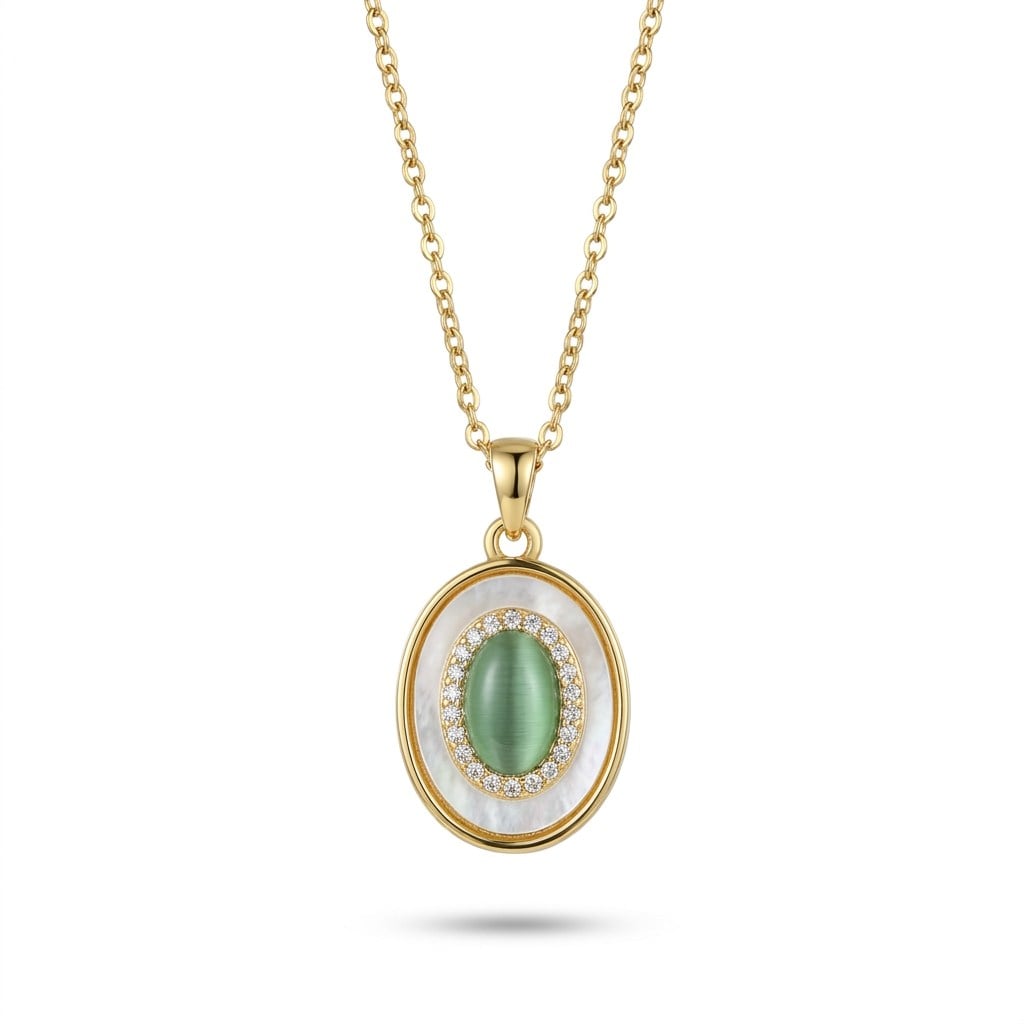 Sedef ve Oval Yeşil Taş detaylı Çelik Kolye Ucu - 14k Altın Kaplama - 15 x 24 mm (40+5 cm Çelik Zincir Hediyeli)