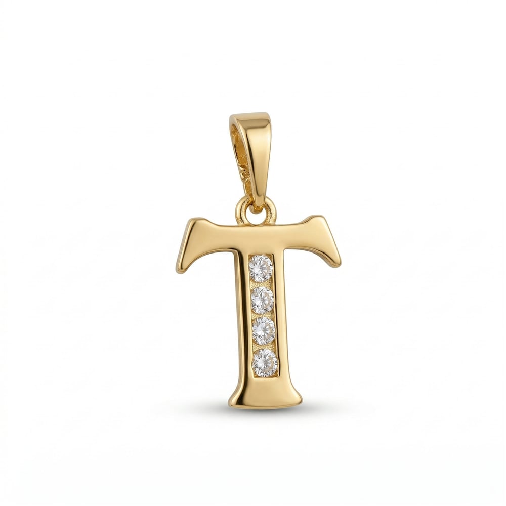 T Harfi Zirkon Taş Detaylı Kolye Ucu - 14k Altın Rengi Kaplama, 1,9 cm