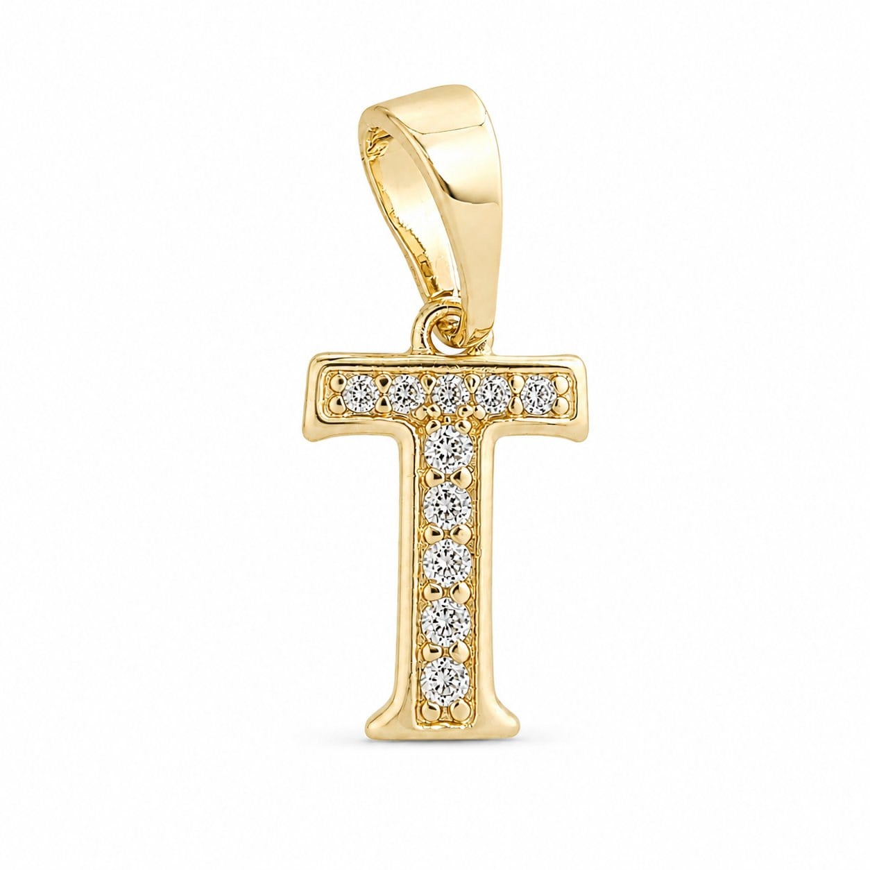 T Harfi Zirkon Taşlı Minimal Kolye Ucu  - 14k Altın Kaplama - 8 x 16 mm