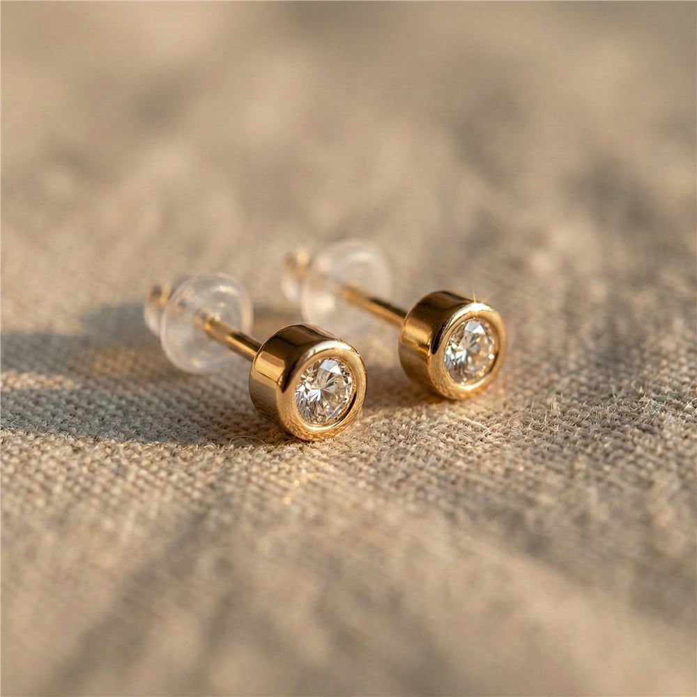 Tek Taşlı Zirkon Küpe 925 Ayar Gümüş Kaplama - 14k Altın Rengi  4 mm çap