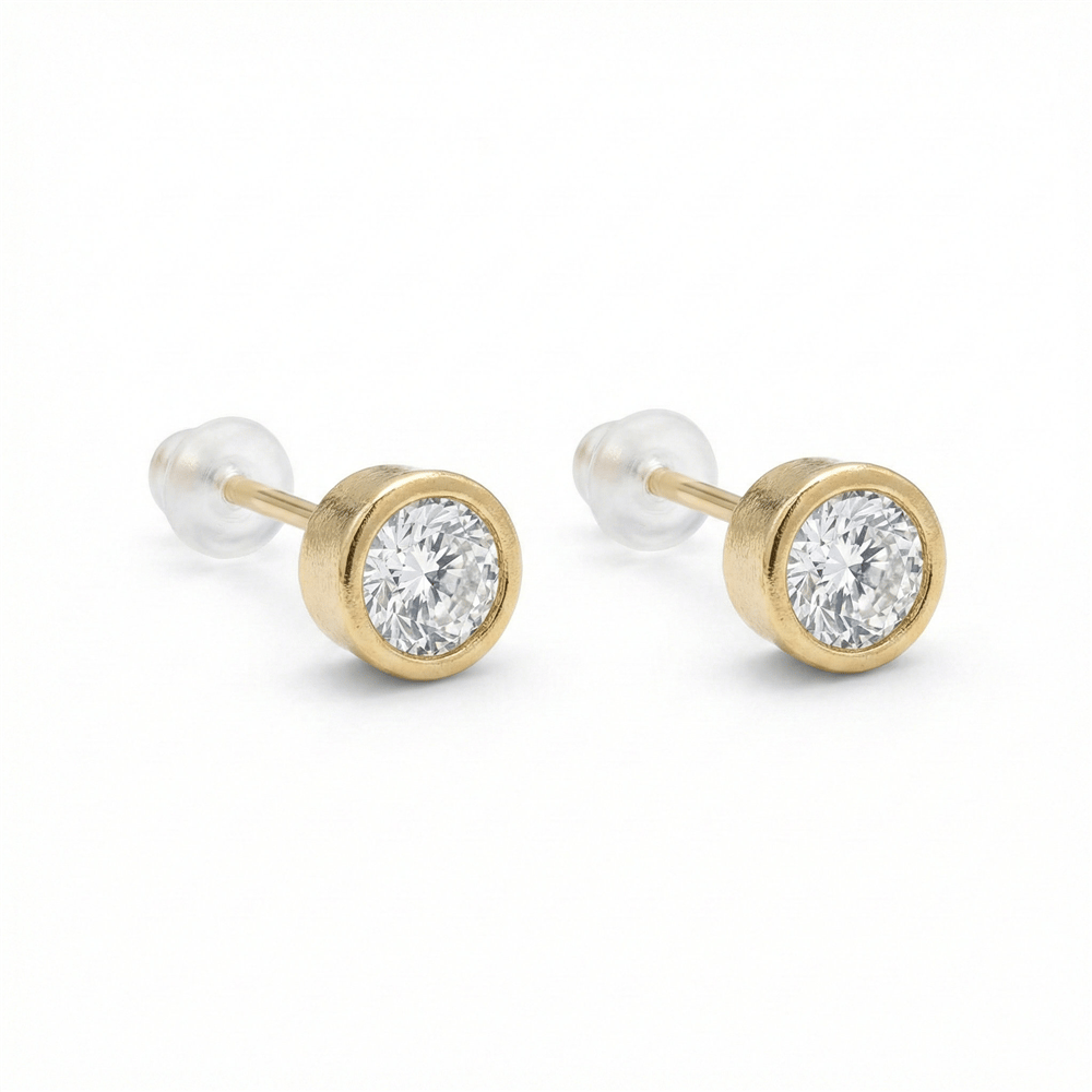 Tek Taşlı Zirkon Küpe 925 Ayar Gümüş Kaplama - 14k Altın Rengi  6 mm çap