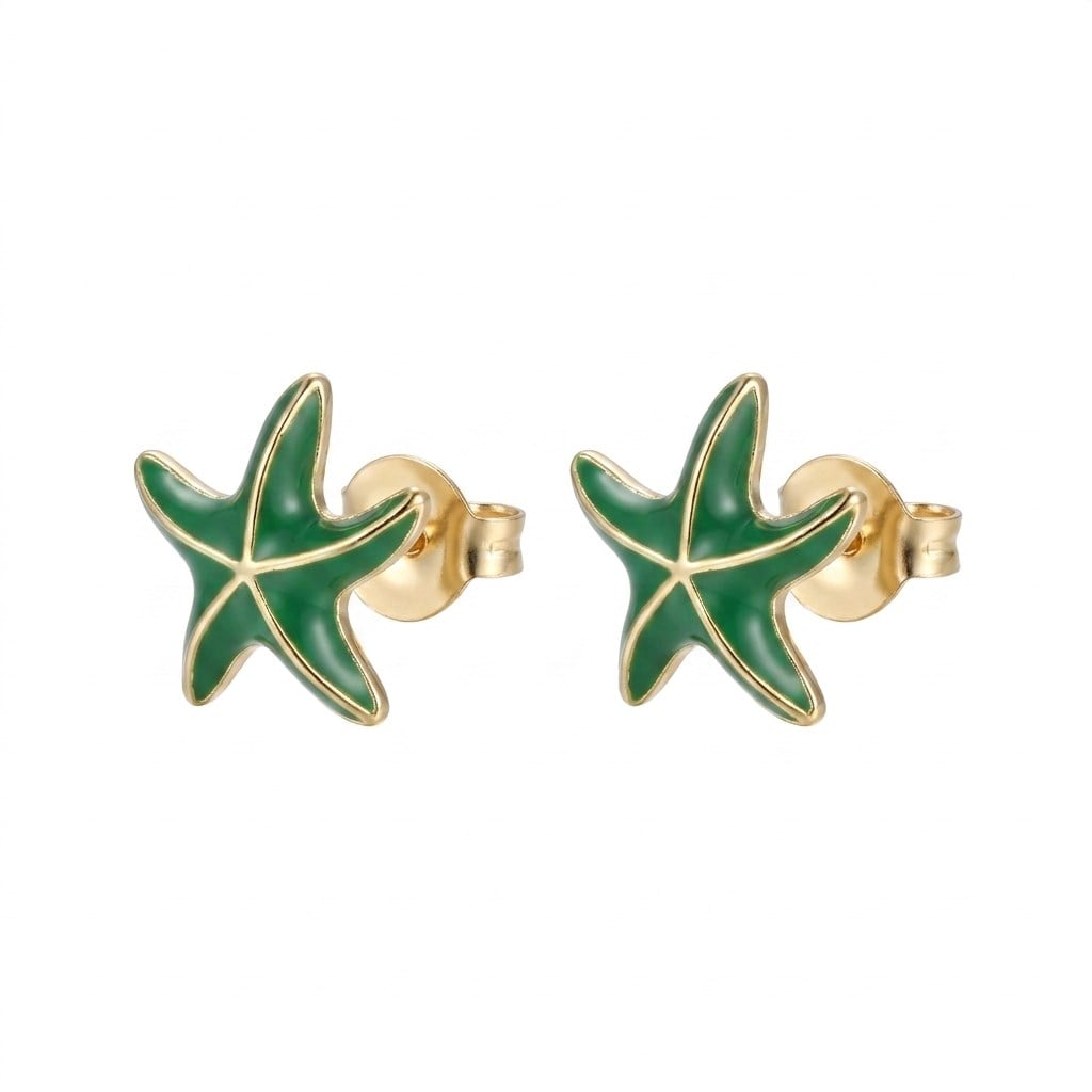 Yeşil Mineli Deniz Yıldızı Çivi Küpe  - 14k Altın Kaplama - 11 mm
