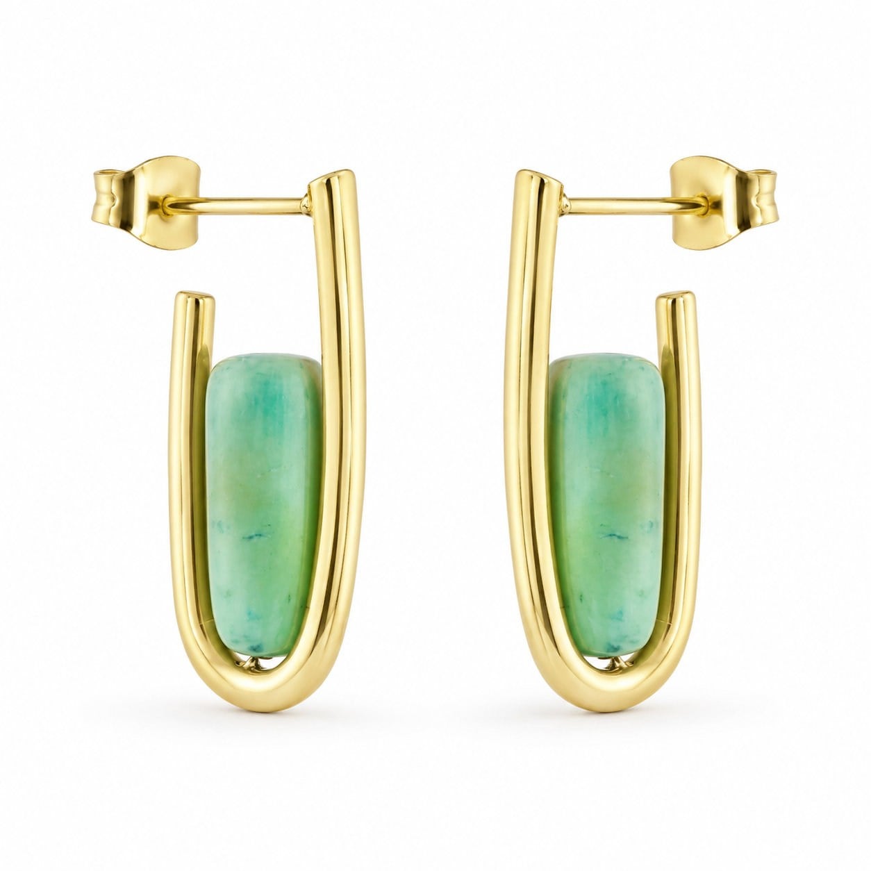Yeşil Taşlı Küpe - 14k Altın Kaplama - 27 mm