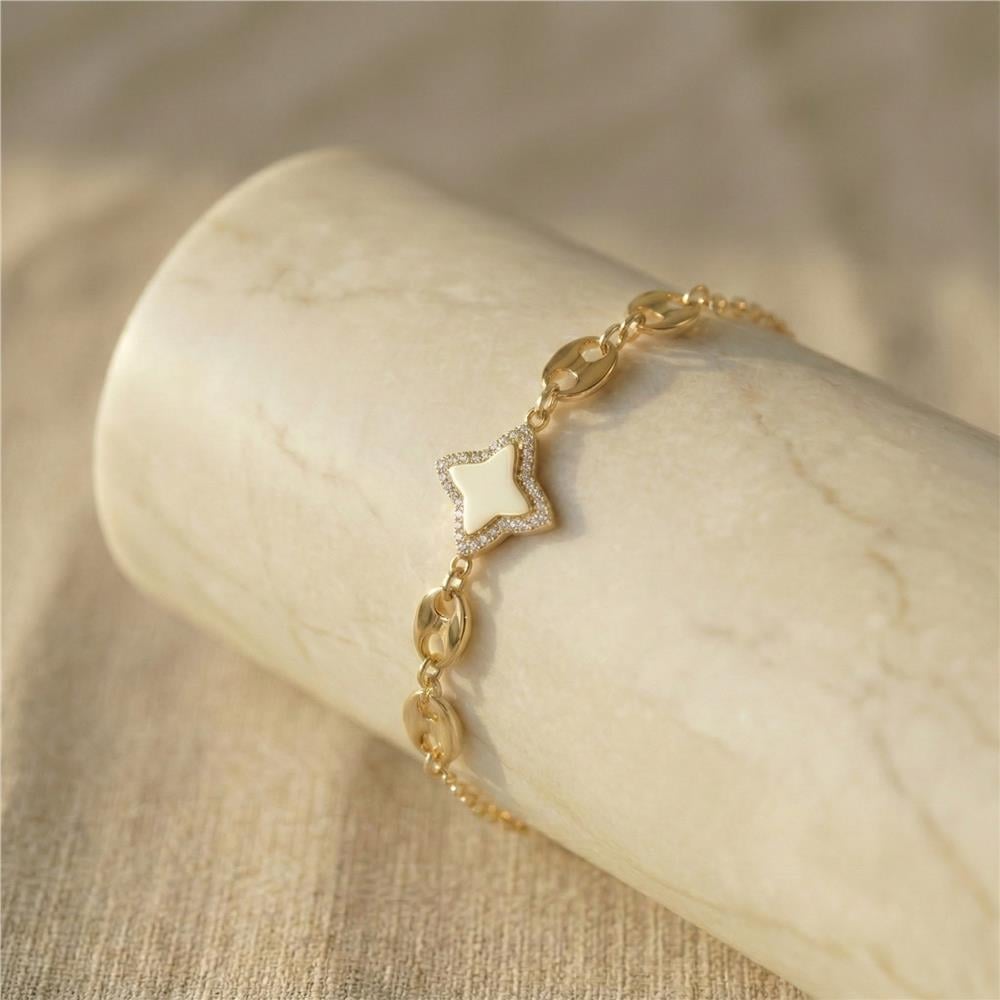Yıldız Motif Zirkon Taşlı Bileklik - 14K Altın Rengi Kaplama, 17+3 cm