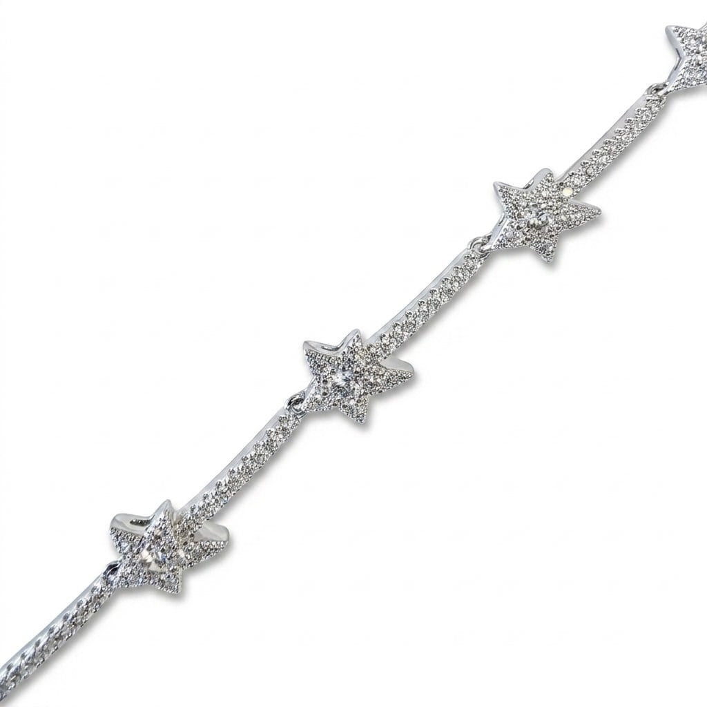Yıldızlı Zirkon Taşlı Su Yolu Bileklik  - Beyaz Altın Kaplama - 17+2 cm