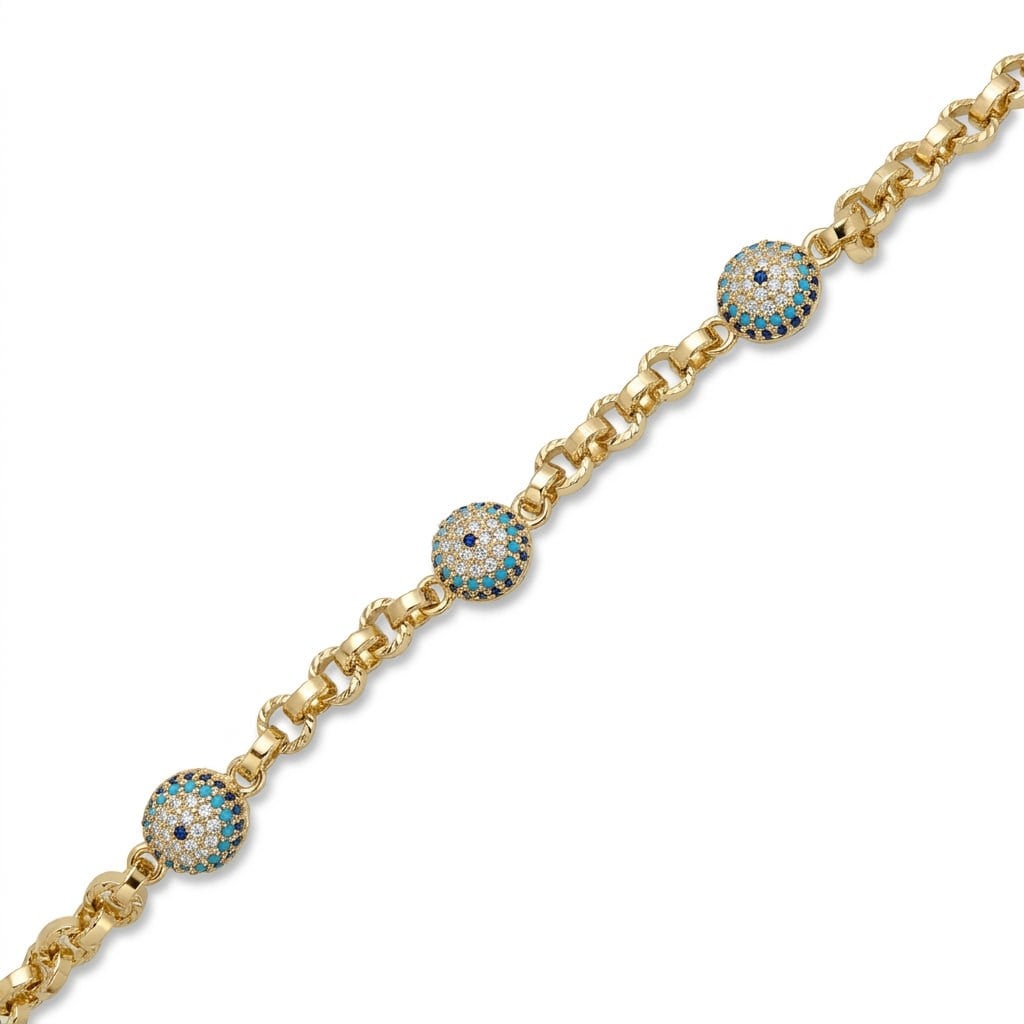 Zirkon Taşlı Nazar Boncuklu Oval Zincir Bileklik  - 14k Altın Kaplama - 19+3 cm