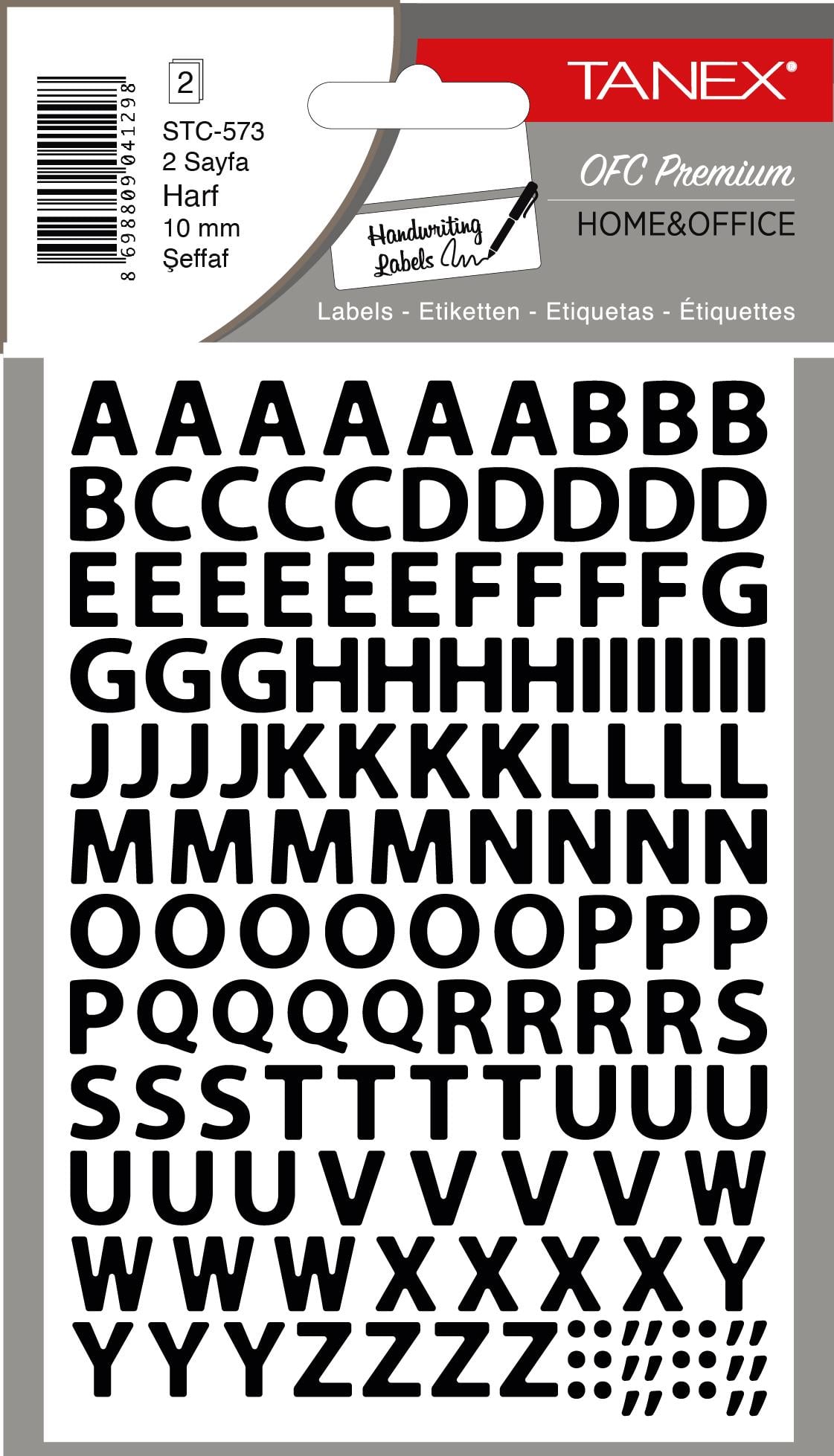 STC HARF-RAKAM ETIKETI STC-573, HARF, 10 MM, 2 AD., PP ŞEFFAF