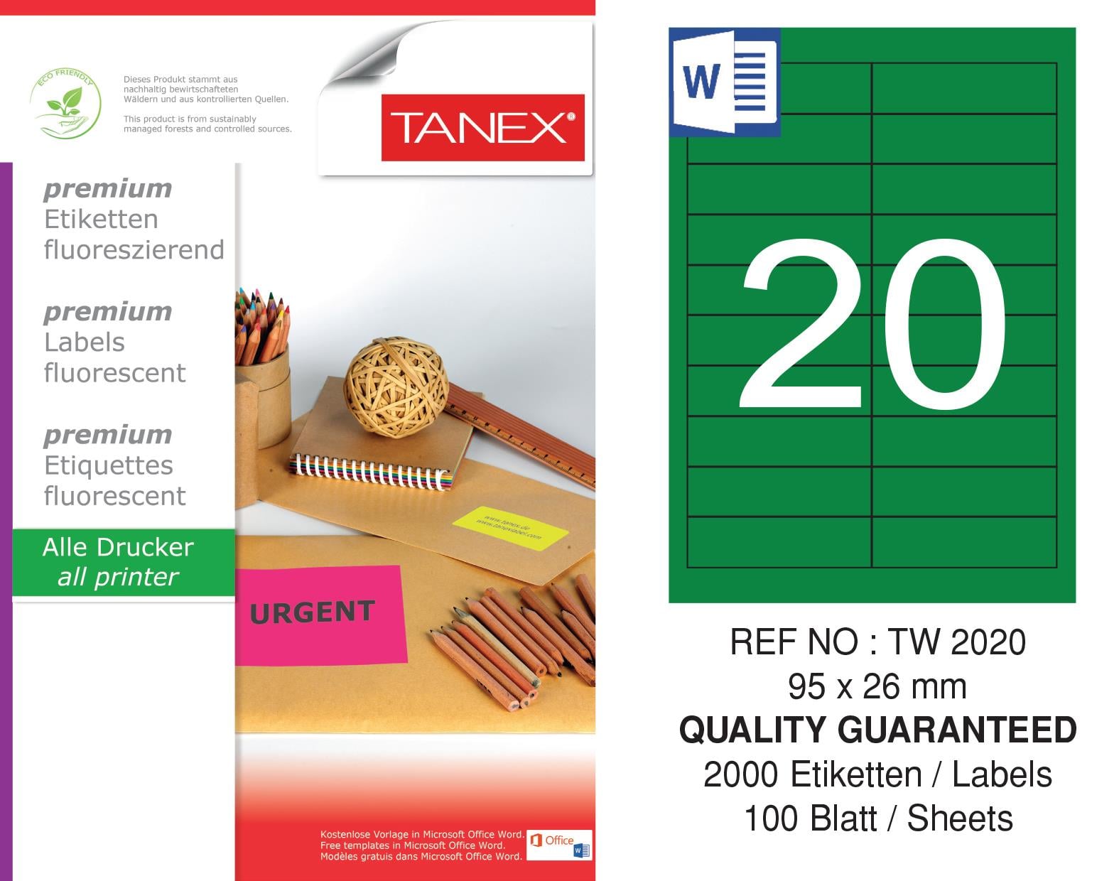 TW-2020 95x26 mm FLO YEŞİL LASER ETİKET 