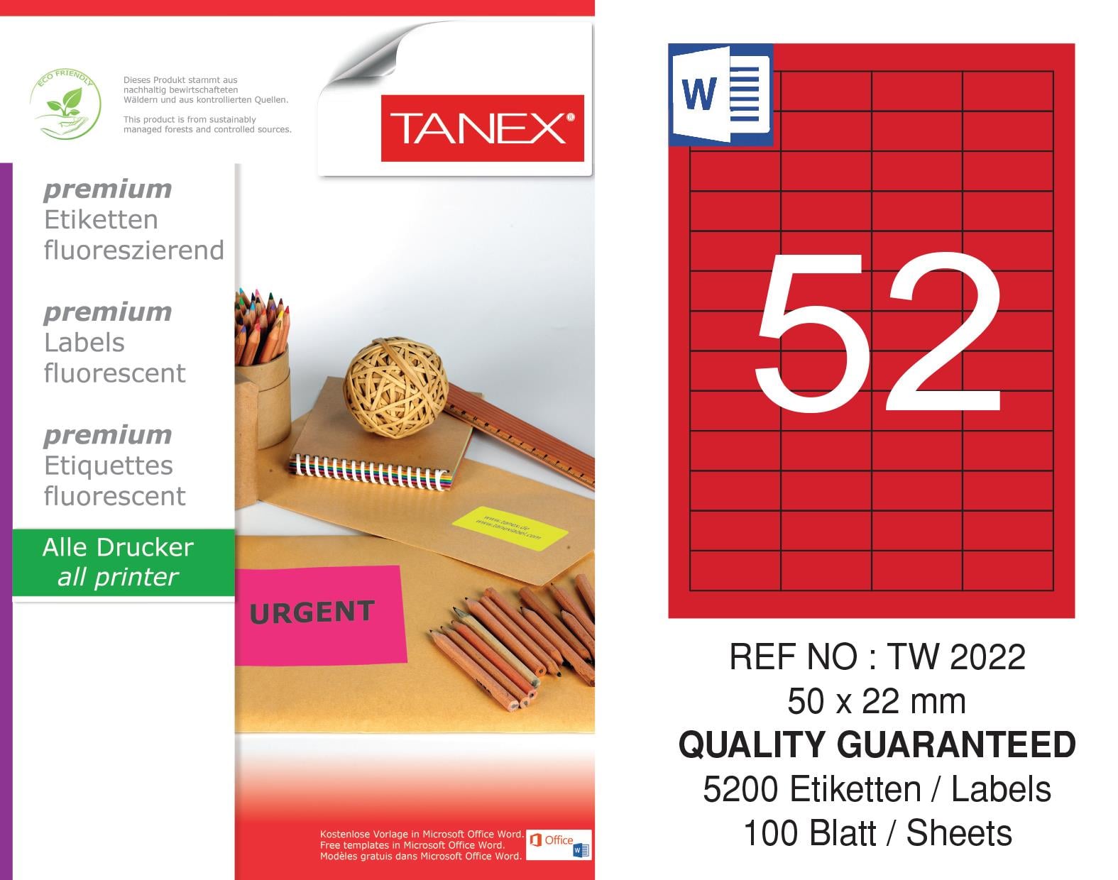 TW-2022 50x22 mm FLO KIRMIZI LASER ETİKET 