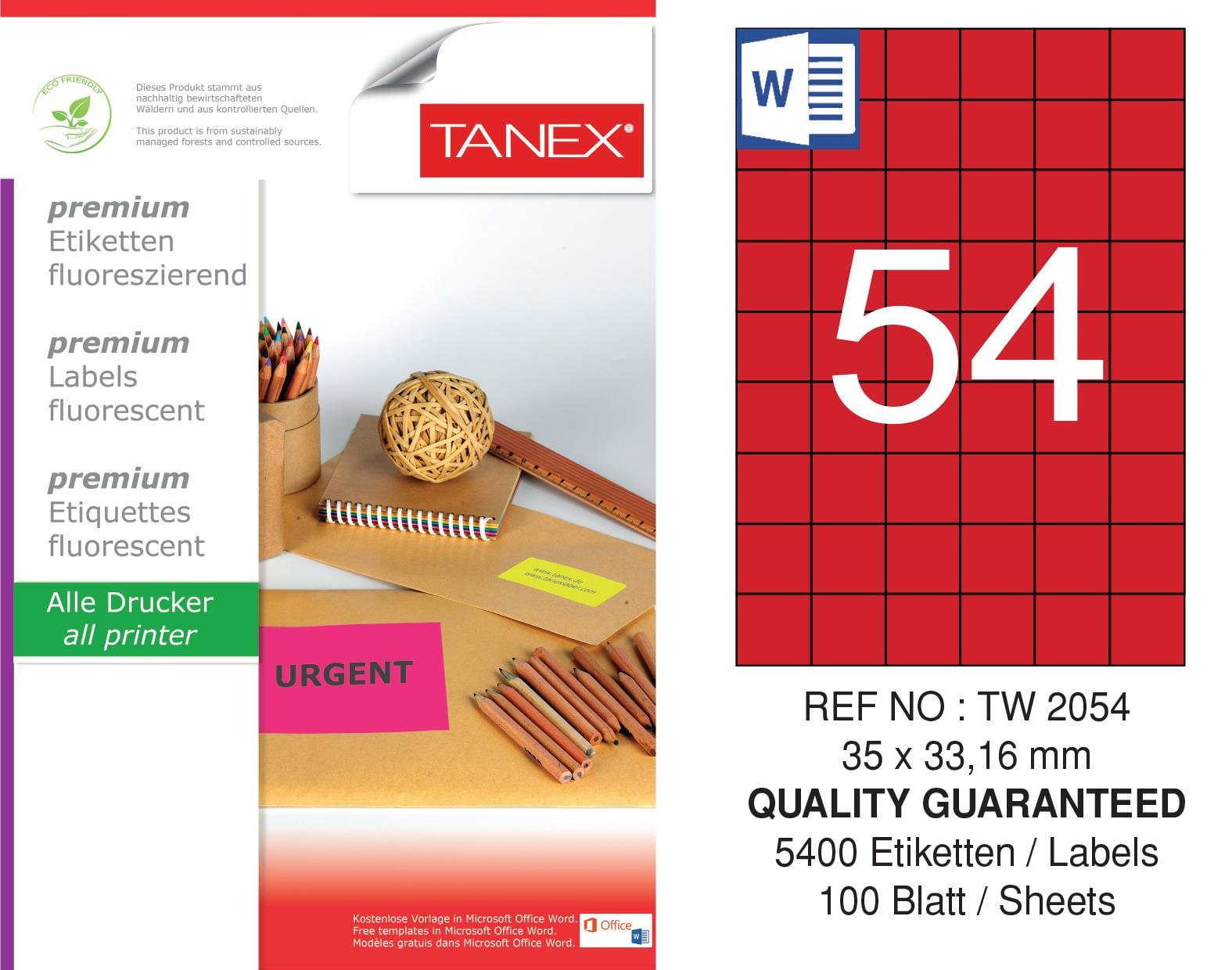 TW-2054 35x33,16 mm FLO KIRMIZI LASER ETİKET 