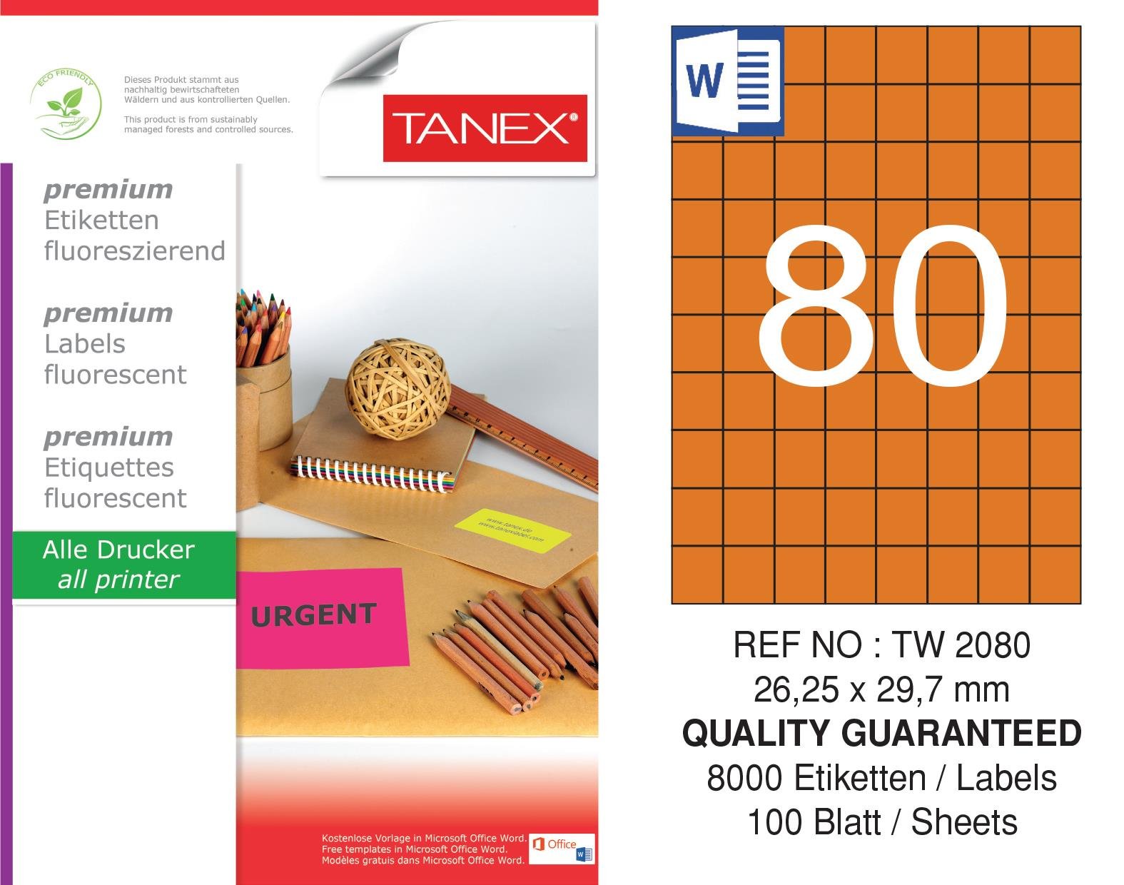 TW-2080 26,25x29,7 mm FLO TURUNCU LASER ETİKET 